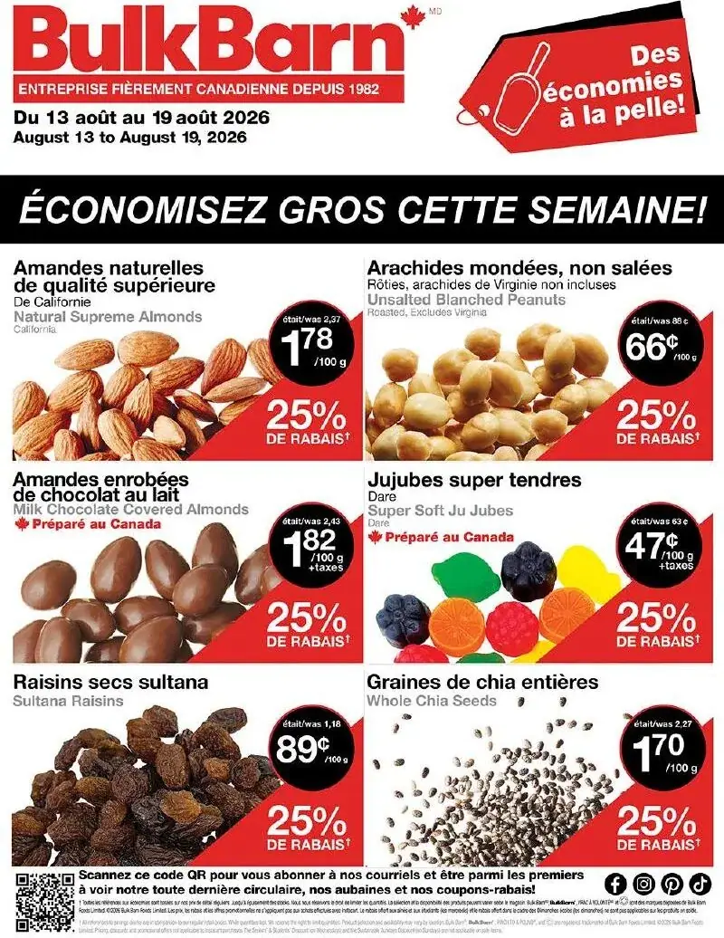 La page de couverture de la circulaire Bulk Barn présente une ambiance dynamique et colorée, mettant en avant une variété de produits en vrac. Les catégories de produits incluent des noix, des fruits secs, des bonbons et des graines. Parmi les promotions visibles, on trouve des rabais de 25 % sur des amandes naturelles, des arachides non salées, des jujubes, des raisins secs sultana et des graines de chia. Les visuels attrayants des produits renforcent l'attrait de ces offres.