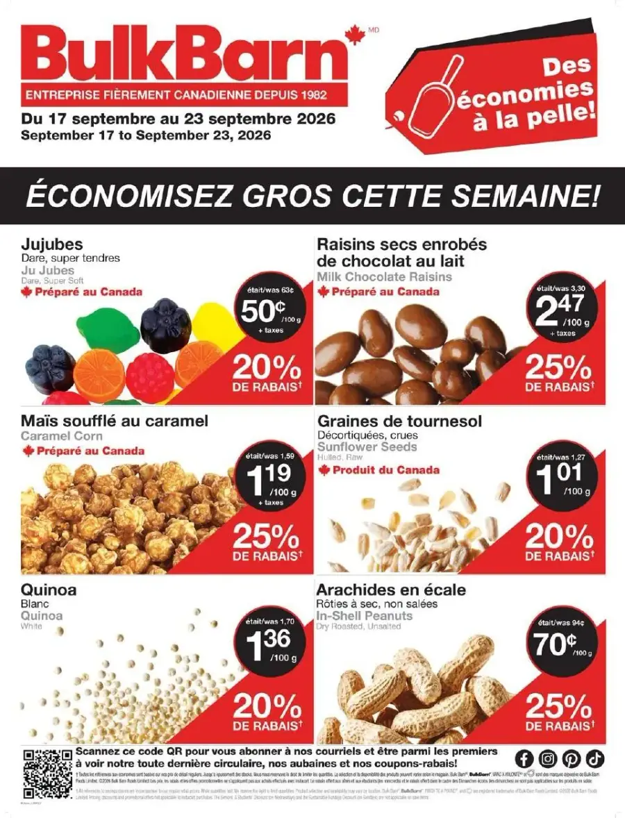 La page de couverture de la circulaire Bulk Barn présente une ambiance dynamique et colorée, mettant en avant une variété de produits alimentaires en vrac. On y trouve des catégories telles que les bonbons, les grains, et les collations. Parmi les exemples notables, les jujubes, les raisins secs enrobés de chocolat, et le maïs soufflé au caramel sont mis en avant, avec des promotions allant jusqu'à 25 % de rabais. Des informations sur la provenance des produits, souvent préparés au Canada, sont également visibles.