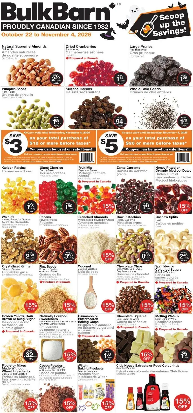 La page de couverture de la circulaire Bulk Barn présente une ambiance festive, avec une mise en avant de divers produits en vrac. Les catégories incluent des fruits secs, des noix, des graines et des ingrédients de pâtisserie. On y trouve des amandes naturelles, des canneberges séchées, des graines de citrouille et des pistaches crues. Les promotions notables incluent des économies sur les achats totalisant 12 $ ou plus, ainsi que des réductions de 15 % sur plusieurs articles.