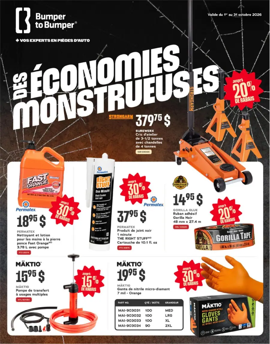La page de couverture de la circulaire Bumper to Bumper présente une ambiance dynamique et engageante, avec un fond sombre et des éléments graphiques évoquant l'automobile. Les catégories de produits mises en avant incluent des outils de garage, des produits d'entretien et des accessoires de sécurité. Parmi les exemples, on trouve un cric d'atelier, un nettoyant pour mains, et des gants en nitrile. Les promotions notables affichent jusqu'à 30 % de rabais sur certains articles, attirant l'attention sur les économies à réaliser.