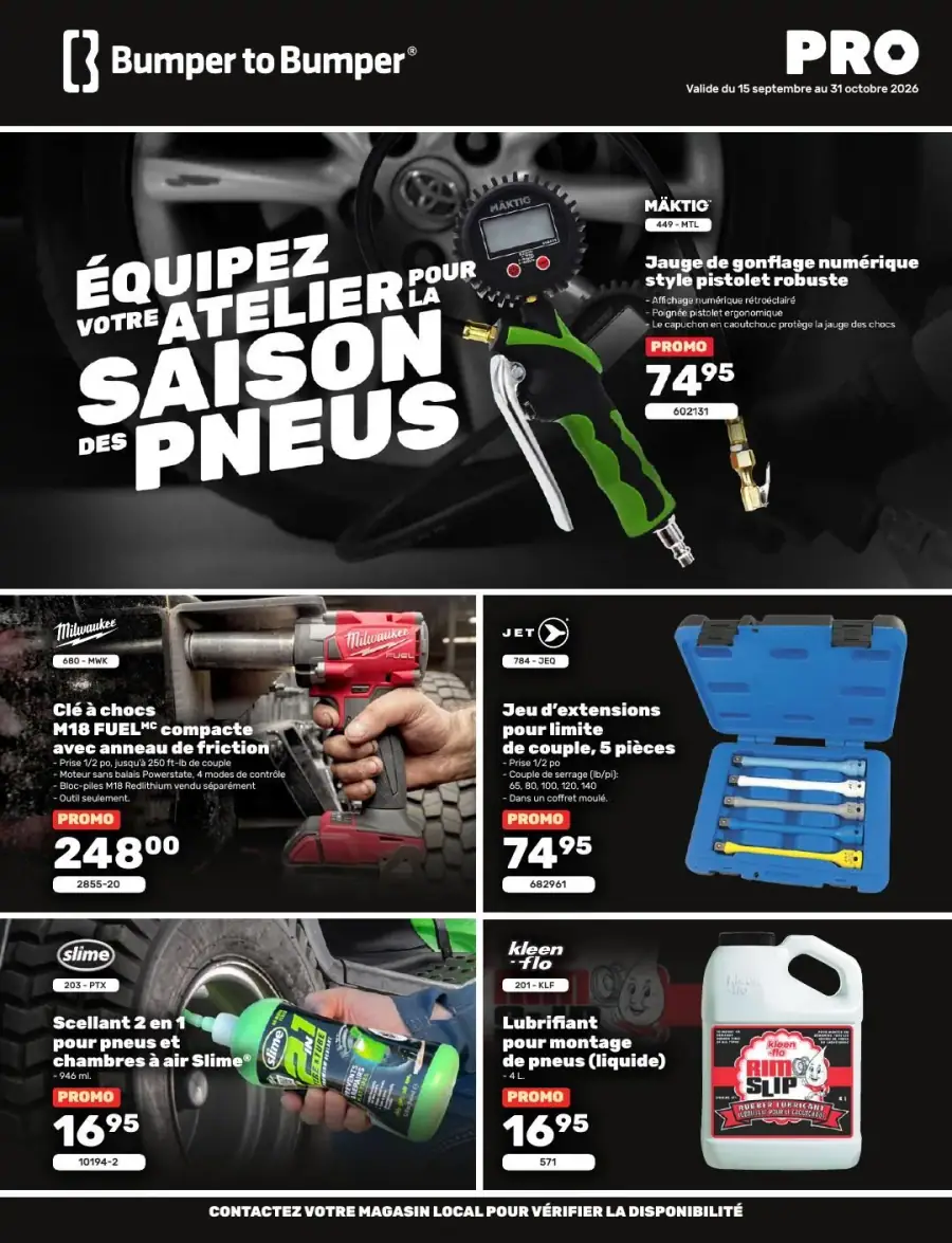 La page de couverture de la circulaire Bumper to Bumper Pro présente une ambiance professionnelle, axée sur l'équipement pour la saison des pneus. Les catégories de produits mises en avant incluent des outils et accessoires pour l'atelier, comme une jauge de gonflage numérique, une clé à chocs, et des produits d'entretien pour pneus. Les promotions visibles incluent une jauge à 74,95 $, une clé à chocs à 248 $, ainsi qu'un scellant et un lubrifiant à 16,95 $ chacun.