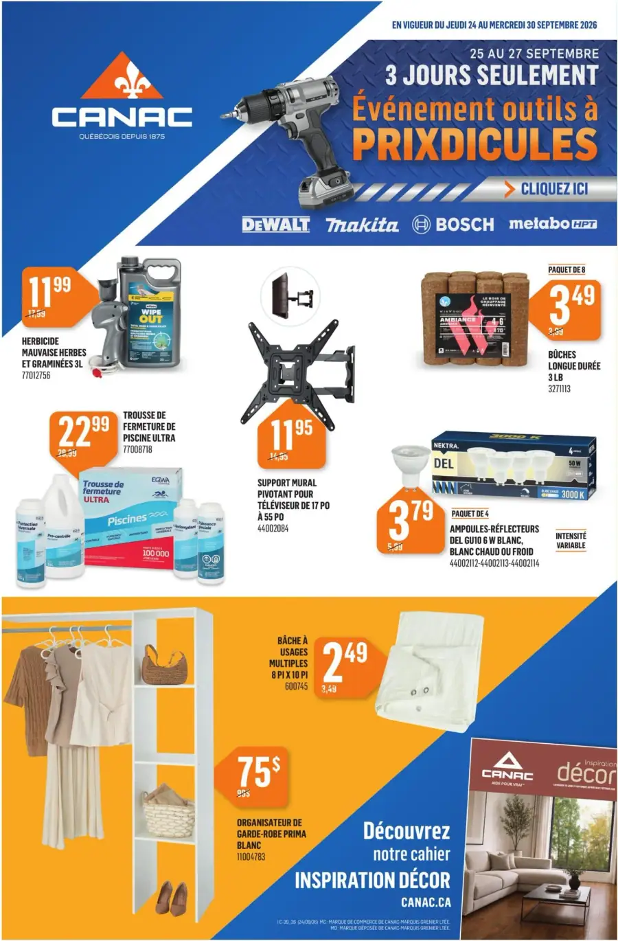 La page de couverture de la circulaire Canac présente une ambiance dynamique et axée sur le bricolage. Les catégories de produits mises en avant incluent les outils, les articles de jardinage, et les accessoires de décoration intérieure. Parmi les promotions visibles, on trouve un événement spécial sur les outils avec des marques comme DeWALT et Makita, ainsi qu'une offre sur un herbicide et un support mural pour téléviseur. Des articles de rangement et des bâches à usages multiples sont également proposés, soulignant la diversité des produits disponibles.