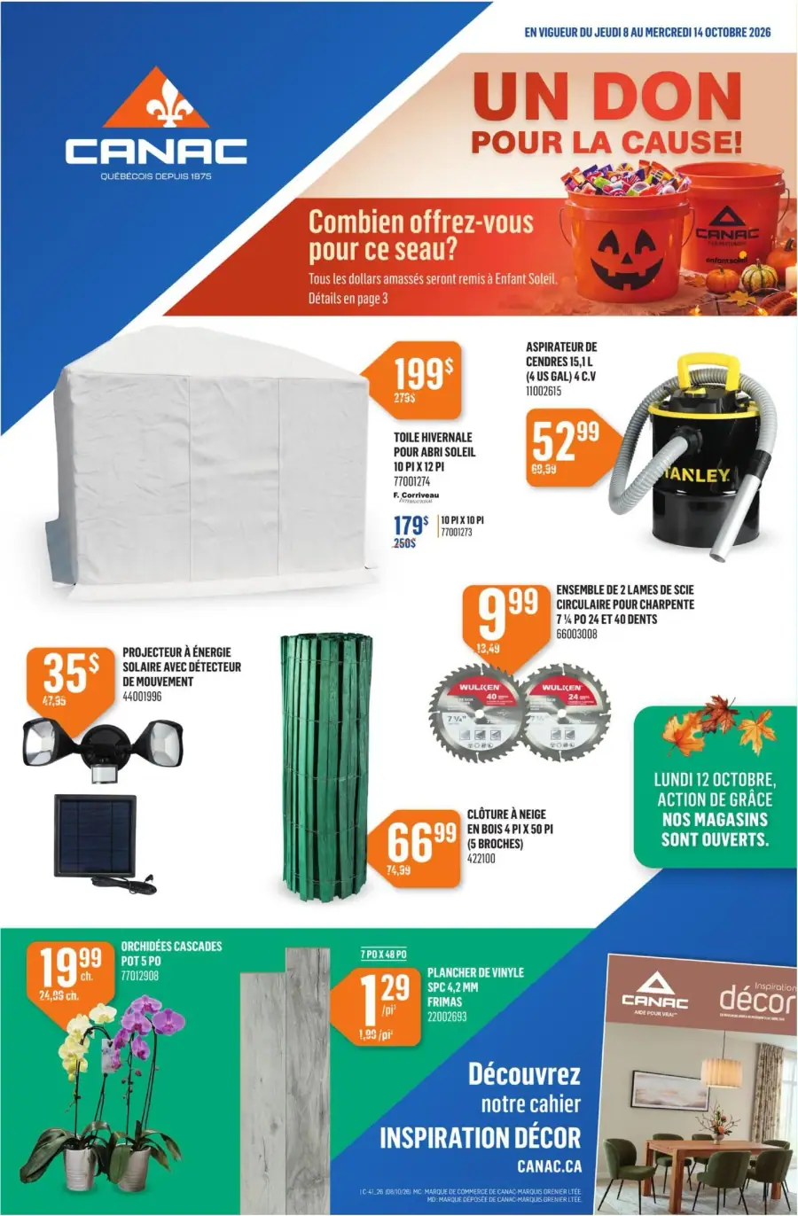La page de couverture de la circulaire Canac présente une ambiance dynamique et colorée, mettant en avant des produits variés pour l'automne. Les catégories incluent des articles de jardinage, des outils, et des décorations. Parmi les promotions, on trouve une toile hivernale pour abri soleil, un aspirateur de cendres, et des orchidées en pot. Une action caritative est également mise en avant, soulignant l'engagement communautaire de l'entreprise.