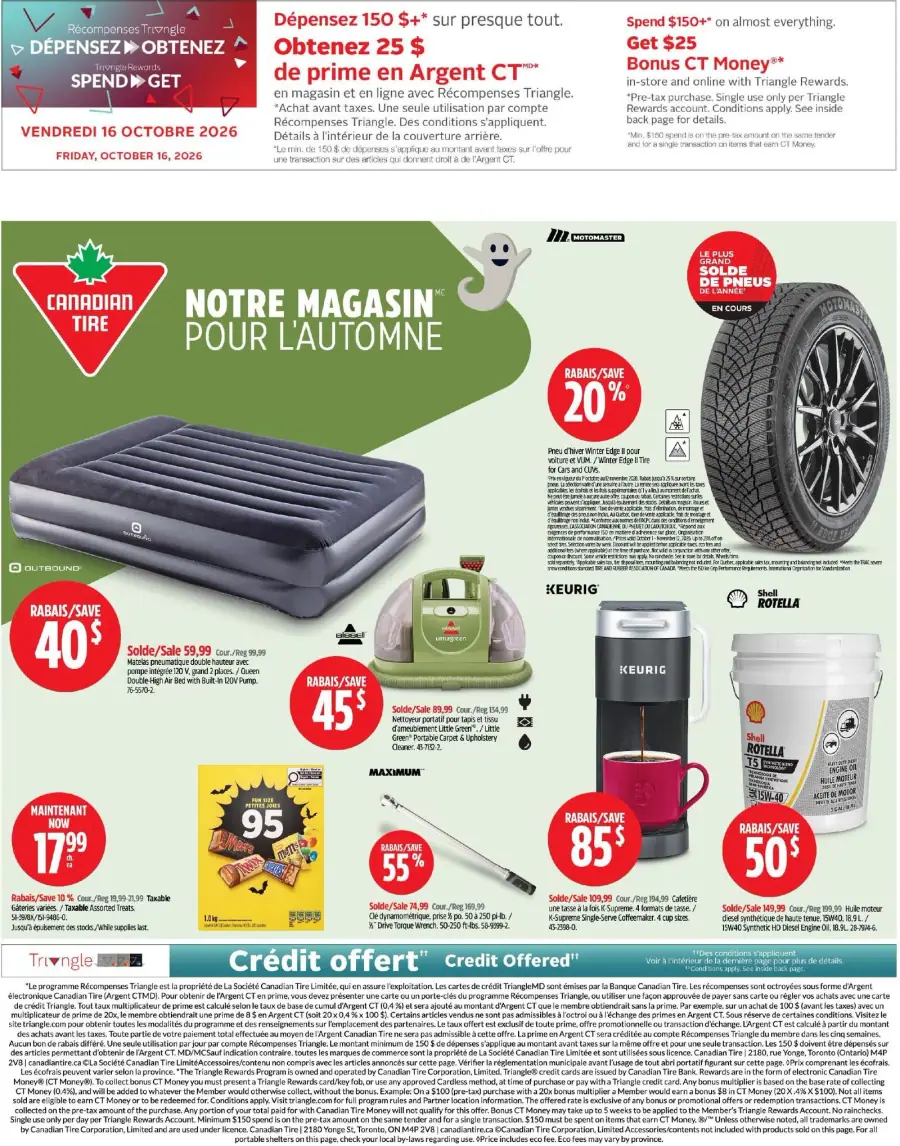 La page de couverture de la circulaire Canadian Tire présente une ambiance automnale, mettant en avant des produits essentiels pour la saison. On y trouve des articles variés comme un matelas gonflable, des pneus, et des appareils de cuisine. Les promotions incluent des rabais allant jusqu'à 55 % sur certains produits, ainsi qu'une offre de 20 % sur les pneus. Des informations sur les récompenses Triangle et un crédit offert sont également visibles.