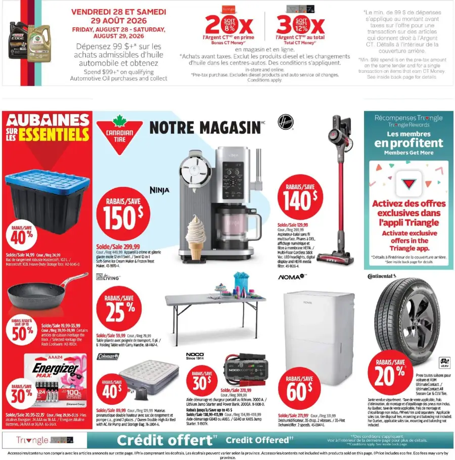 La page de couverture de la circulaire Canadian Tire présente une ambiance dynamique et attrayante, mettant en avant divers produits essentiels pour la maison et l'extérieur. On y trouve des articles de cuisine comme un appareil Ninja, des ustensiles de jardinage, et des équipements de loisirs. Les promotions sont bien visibles, notamment des rabais allant jusqu'à 150 $ sur certains produits, ainsi que des offres spéciales pour les membres Triangle. Les catégories de produits incluent des articles ménagers, des outils et des accessoires automobiles, créant une variété qui attire l'attention des consommateurs.