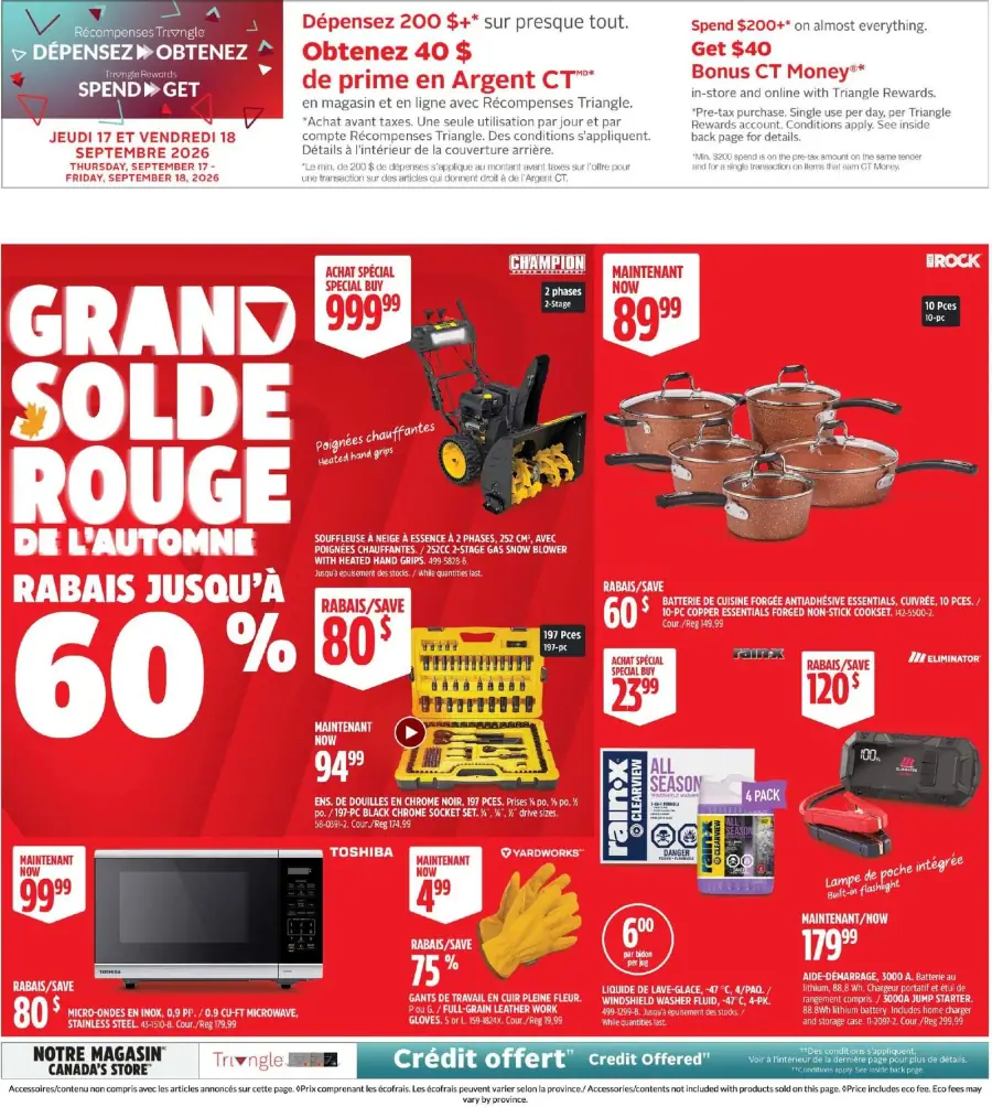 La page de couverture de la circulaire Canadian Tire présente une ambiance automnale dynamique, avec des promotions marquées en rouge. Les catégories de produits mises en avant incluent les outils de jardinage, les appareils électroménagers et les articles de bricolage. Parmi les exemples, on trouve une souffleuse à neige, des batteries de cuisine et un four à micro-ondes, avec des rabais allant jusqu'à 60 %. Des offres spéciales et des récompenses sont également mises en avant, attirant l’attention sur les économies possibles.