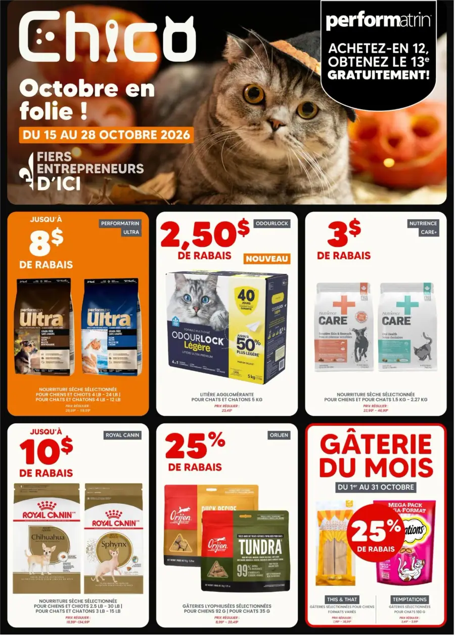 La page de couverture de la circulaire Chico présente une ambiance chaleureuse et automnale, avec un chat portant un chapeau de sorcière entouré de décorations d'Halloween. Les catégories de produits mises en avant incluent la nourriture pour animaux, la litière et des gâteries. Parmi les promotions importantes, on note jusqu'à 8 $ de rabais sur des produits Performatrin, 2,50 $ de rabais sur la litière Odourlock, et jusqu'à 10 $ de rabais sur Royal Canin. La gâterie du mois offre également 25 % de rabais sur des produits sélectionnés.
