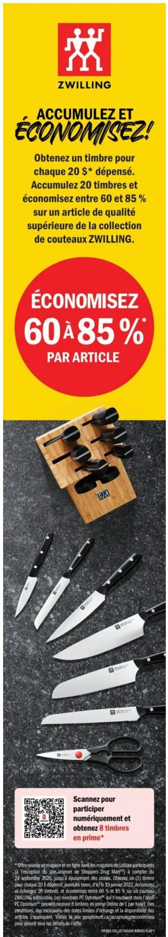 La page de couverture de la circulaire Club Entrepôt présente une ambiance dynamique et colorée, dominée par un fond jaune vif. Elle met en avant une promotion sur les couteaux de la marque Zwilling, avec une offre d'économies allant de 60 à 85 % sur un article de qualité supérieure. On y voit un ensemble de couteaux élégamment disposés sur un support en bois, soulignant la qualité des produits. Les catégories de produits incluent des ustensiles de cuisine, avec un accent particulier sur les couteaux. Un QR code est également visible, permettant aux clients de participer à une promotion numérique.