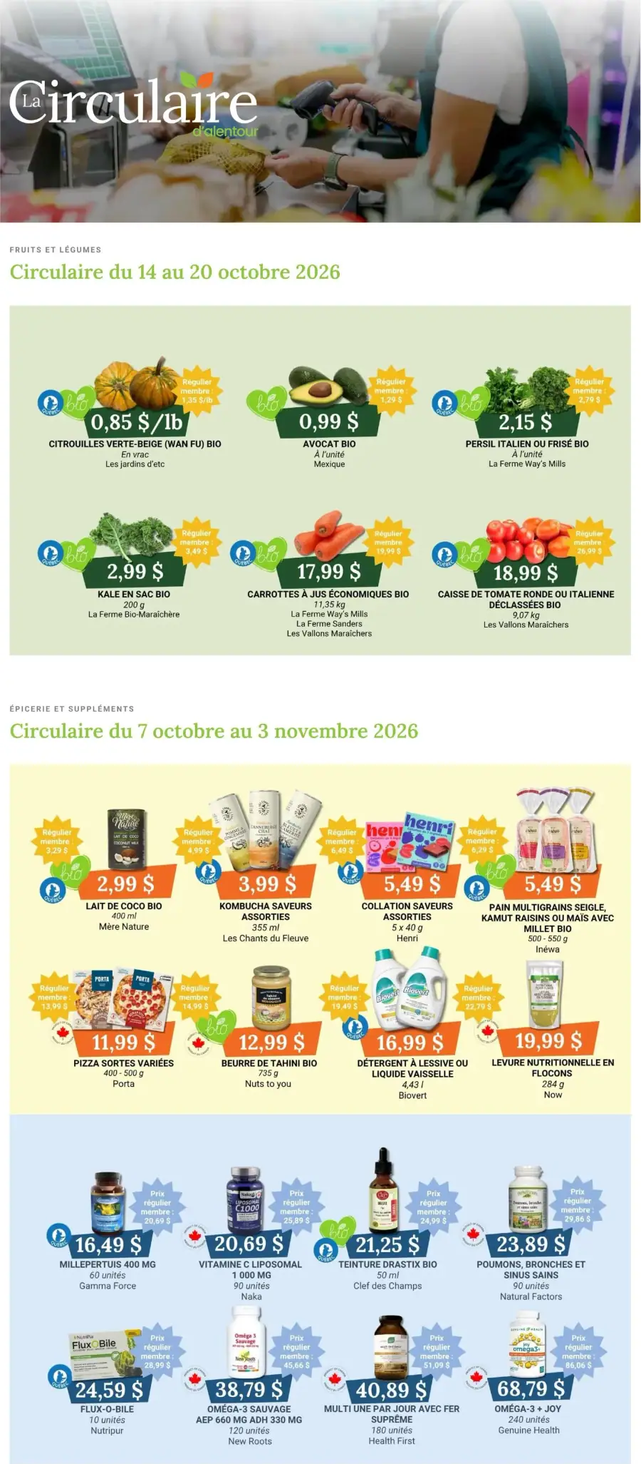 La page de couverture de la circulaire Coop Alentour présente une ambiance chaleureuse et accueillante, mettant en avant des produits frais. Les catégories de produits incluent les fruits et légumes, avec des exemples comme les citrouilles bio et les avocats. Les promotions phares soulignent des offres sur le kale, les carottes et les tomates, attirant l’attention sur des prix avantageux pour les membres.