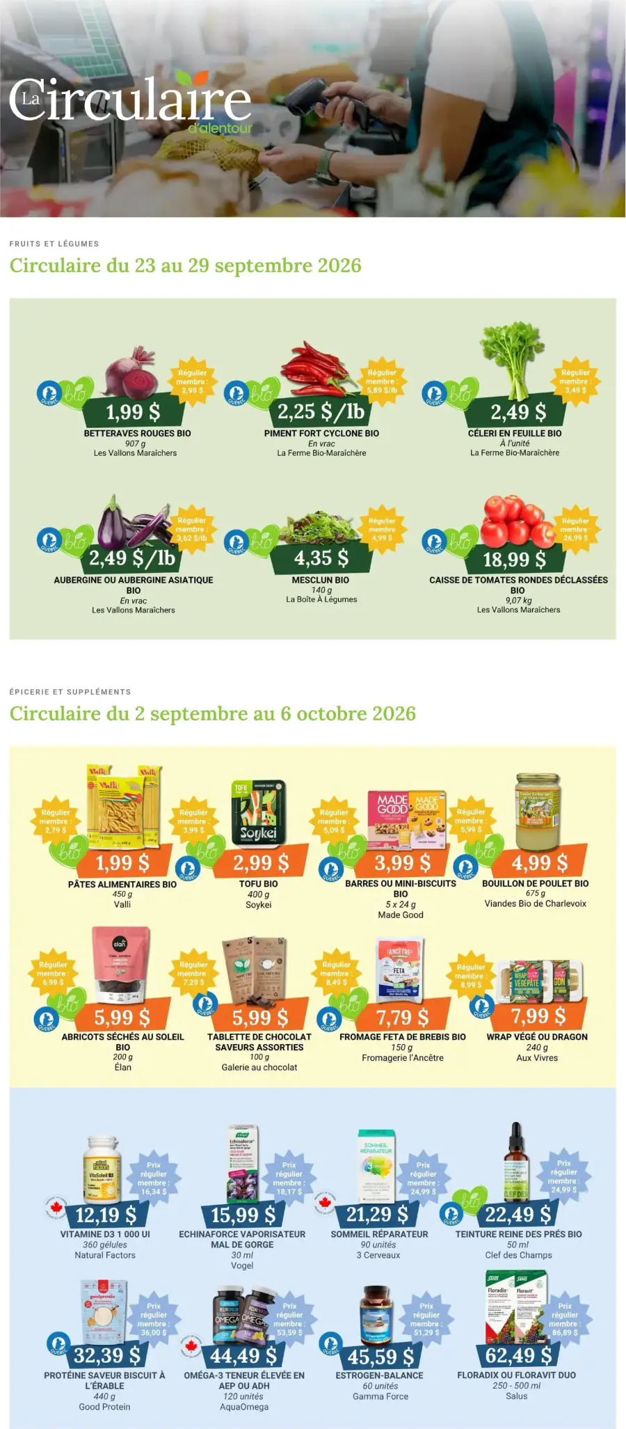 La page de couverture de la circulaire Coop Alentour présente une ambiance conviviale et dynamique, mettant en avant des fruits et légumes frais. On y trouve des produits bio comme des betteraves rouges, des piments, et des aubergines, avec des promotions visibles pour les membres. En bas, des articles d'épicerie comme des pâtes et des barres bio sont également mis en avant, offrant une variété d'options saines.