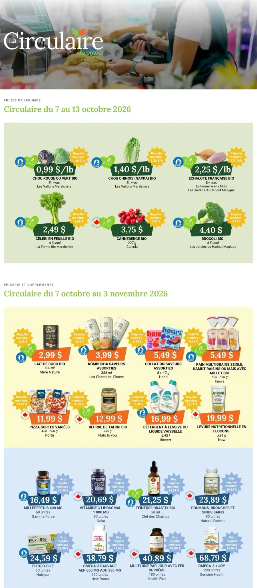 La page de couverture de la circulaire Coop Alentour présente une ambiance dynamique et conviviale, mettant en avant des produits frais. Les catégories de produits incluent principalement des fruits et légumes bio, avec des exemples tels que le chou rouge à 0,99 $/lb et le céleri en feuille à 2,49 $. Des promotions attrayantes sont mises en avant, comme des prix réduits pour des légumes variés et des offres sur des produits d'épicerie et de suppléments.