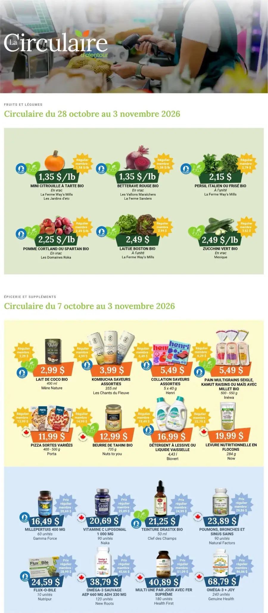 La page de couverture de la circulaire Coop Alentour présente une ambiance conviviale et dynamique, illustrant un marché d'épicerie. Les catégories de produits mises en avant incluent les fruits et légumes bio, ainsi que des articles d'épicerie et des suppléments. Parmi les promotions visibles, on trouve des mini citrouilles bio à 1,35 $/lb et des pizzas variées à 11,99 $. Les visuels colorés et attrayants renforcent l'attrait des offres.