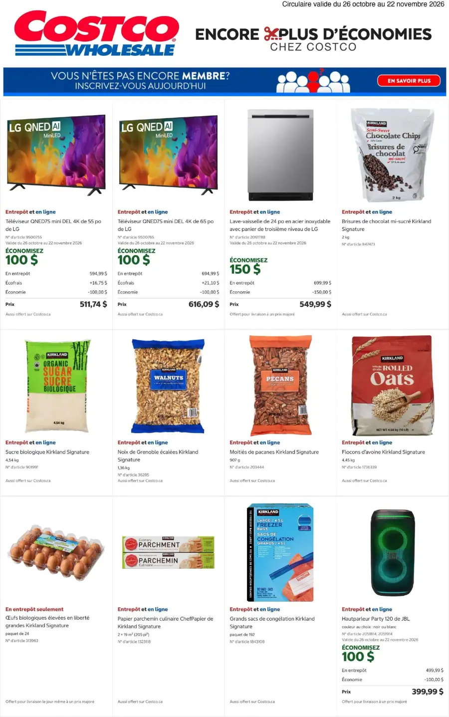 La page de couverture de la circulaire Costco présente une ambiance moderne et dynamique, mettant en avant des produits variés. On y trouve des téléviseurs, des appareils électroménagers, ainsi que des articles alimentaires comme des noix, du sucre biologique et des flocons d'avoine. Les promotions importantes incluent des économies sur des téléviseurs LG et un lave-vaisselle, ainsi qu'une réduction sur un haut-parleur JBL. Les offres sont clairement indiquées, attirant l'attention sur les économies possibles.