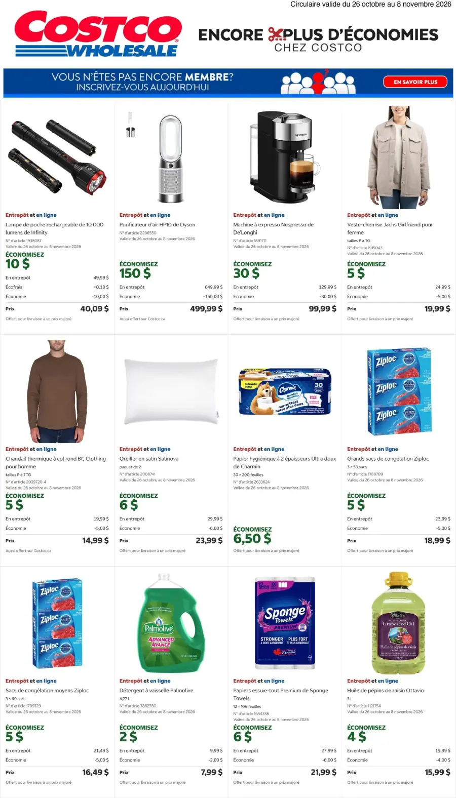 La page de couverture de la circulaire Costco présente une ambiance dynamique et variée, mettant en avant des produits essentiels pour la maison et le quotidien. On y trouve des lampes de poche, des purificateurs d'air, des machines à café, des vêtements, ainsi que des articles de nettoyage et de cuisine. Parmi les promotions notables, on remarque des économies allant jusqu'à 150 $ sur certains articles, ainsi que des offres sur des produits comme des sacs de congélation et du papier hygiénique.
