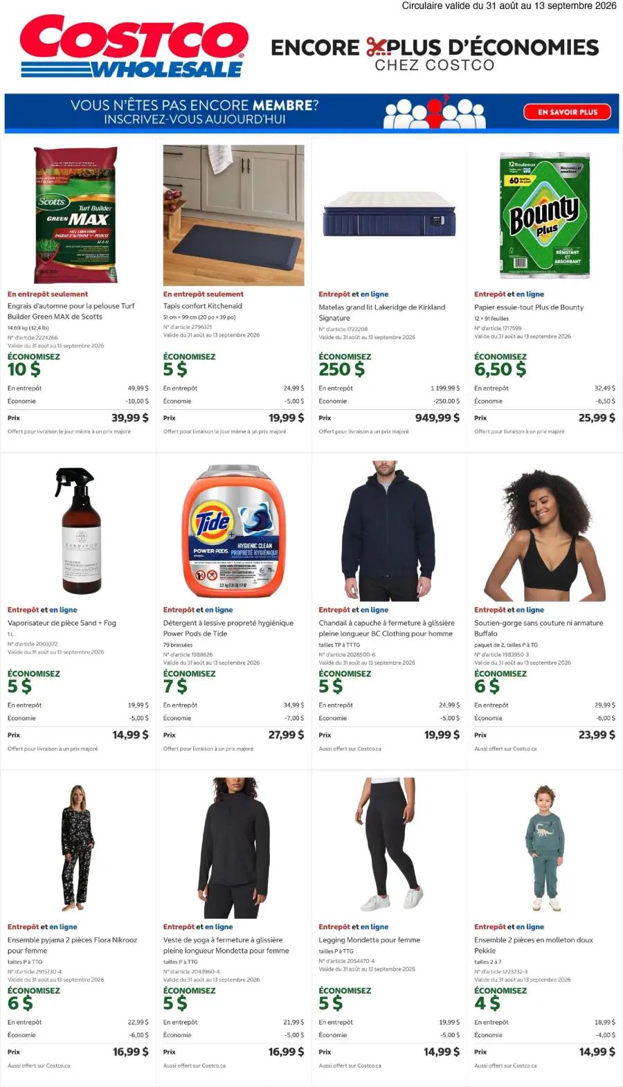 La page de couverture de la circulaire Costco présente une ambiance conviviale et pratique, mettant en avant une variété de produits allant des articles de jardinage aux vêtements. On y trouve des promotions sur des engrais, des matelas, des produits d'entretien, ainsi que des vêtements pour toute la famille. Les économies affichées, comme 250 $ sur un matelas et 10 $ sur de l'engrais, attirent l'attention. Des articles de cuisine et de nettoyage complètent l'offre, soulignant la diversité des produits disponibles.