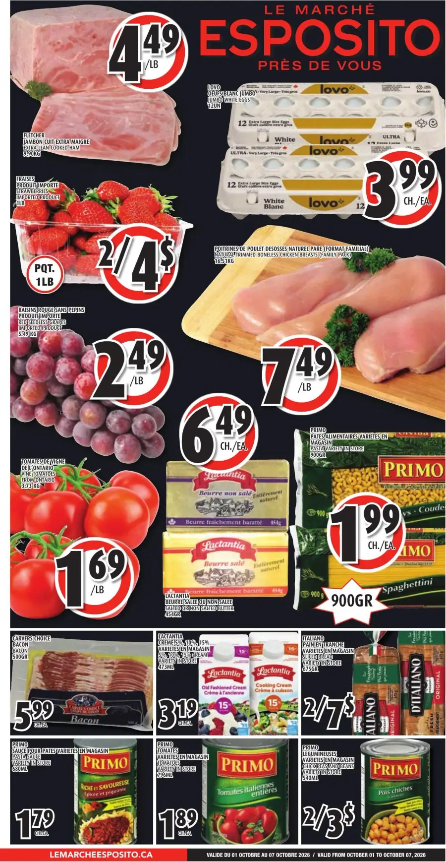 La page de couverture de la circulaire Esposito présente une ambiance dynamique et colorée, mettant en avant une variété de produits alimentaires. On y trouve des viandes comme le jambon et des poitrines de poulet, ainsi que des fruits frais tels que des fraises et des raisins. Les promotions incluent des œufs jumbo et différents produits laitiers, avec des prix clairement affichés. Cette mise en avant des produits essentiels et des offres attractives attire l’attention des clients.