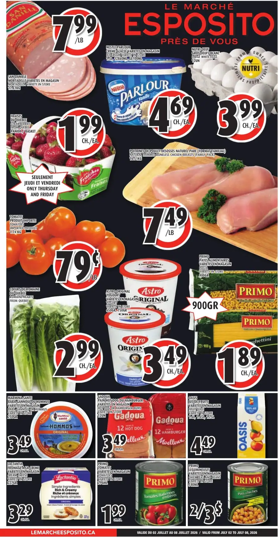 La page de couverture de la circulaire Esposito présente une ambiance dynamique et colorée, mettant en avant une variété de produits alimentaires. On y trouve des catégories telles que les viandes, les produits laitiers, les fruits et légumes, ainsi que des articles d'épicerie. Parmi les promotions visibles, on note des poitrines de poulet, des fraises du Québec, des œufs, et divers produits laitiers comme le yogourt et la crème glacée. Les prix sont clairement affichés, attirant l'attention sur les bonnes affaires de la semaine.