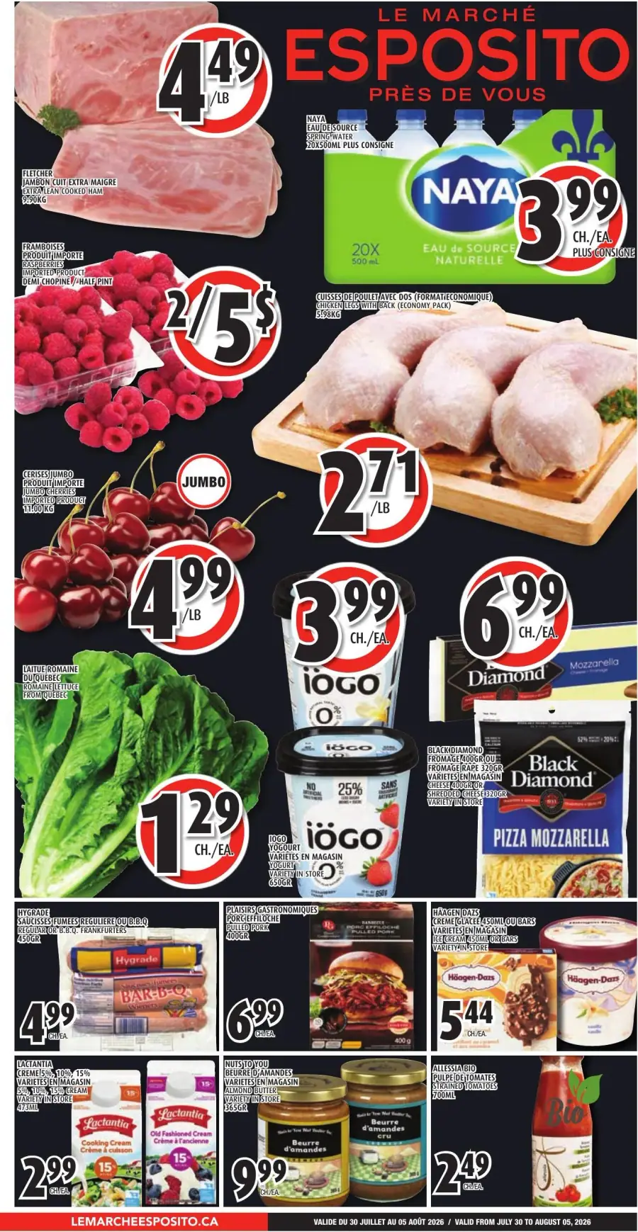 La page de couverture de la circulaire Esposito présente une ambiance dynamique et colorée, mettant en avant une variété de produits alimentaires. On y trouve des viandes, des fruits frais comme des framboises et des cerises, ainsi que des produits laitiers tels que le yogourt et le fromage. Les promotions importantes incluent les cuisses de poulet à 2,71 $/lb et les framboises à 2 $ pour une demi-pinte. Des produits de marque comme Häagen-Dazs et Black Diamond sont également mis en avant, attirant l'œil avec des offres attractives.