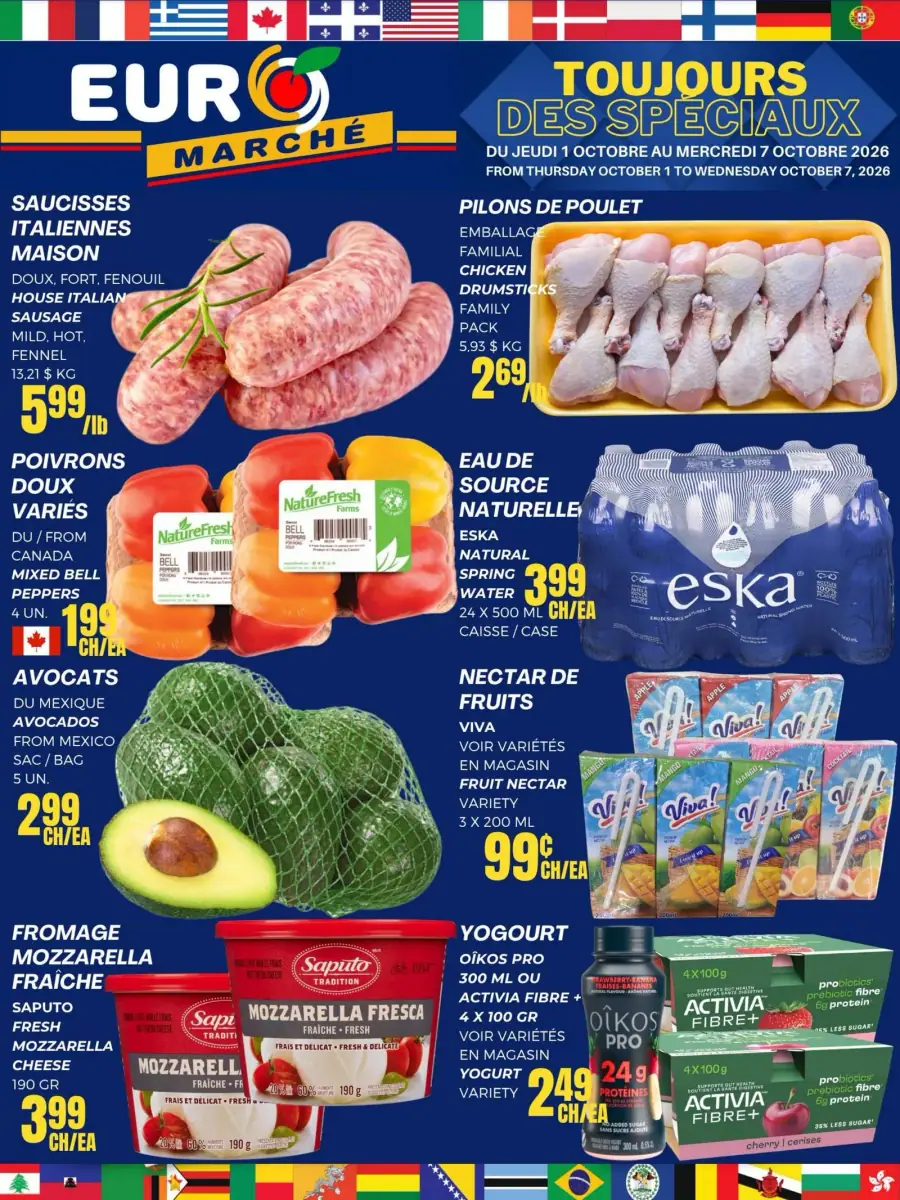 La page de couverture de la circulaire EuroMarché présente une ambiance colorée et dynamique, mettant en avant des produits frais et variés. On y trouve des saucisses italiennes, des pilons de poulet, des poivrons doux, des avocats, ainsi que des produits laitiers comme le fromage mozzarella et le yogourt. Les promotions visibles incluent des prix attractifs sur les pilons de poulet et les avocats, soulignant l'engagement d'EuroMarché envers des offres de qualité.