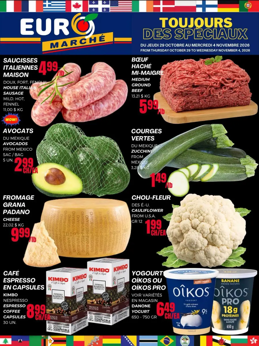 La page de couverture de la circulaire EuroMarché présente une ambiance colorée et dynamique, mettant en avant une sélection variée de produits alimentaires. On y trouve des saucisses italiennes maison, du bœuf haché mi-maigre, des avocats, des courgettes vertes, du fromage Grana Padano, du chou-fleur et des yogourts Oikos. Les promotions visibles incluent des prix attractifs pour ces produits, soulignant l'accent sur la fraîcheur et la diversité des offres.