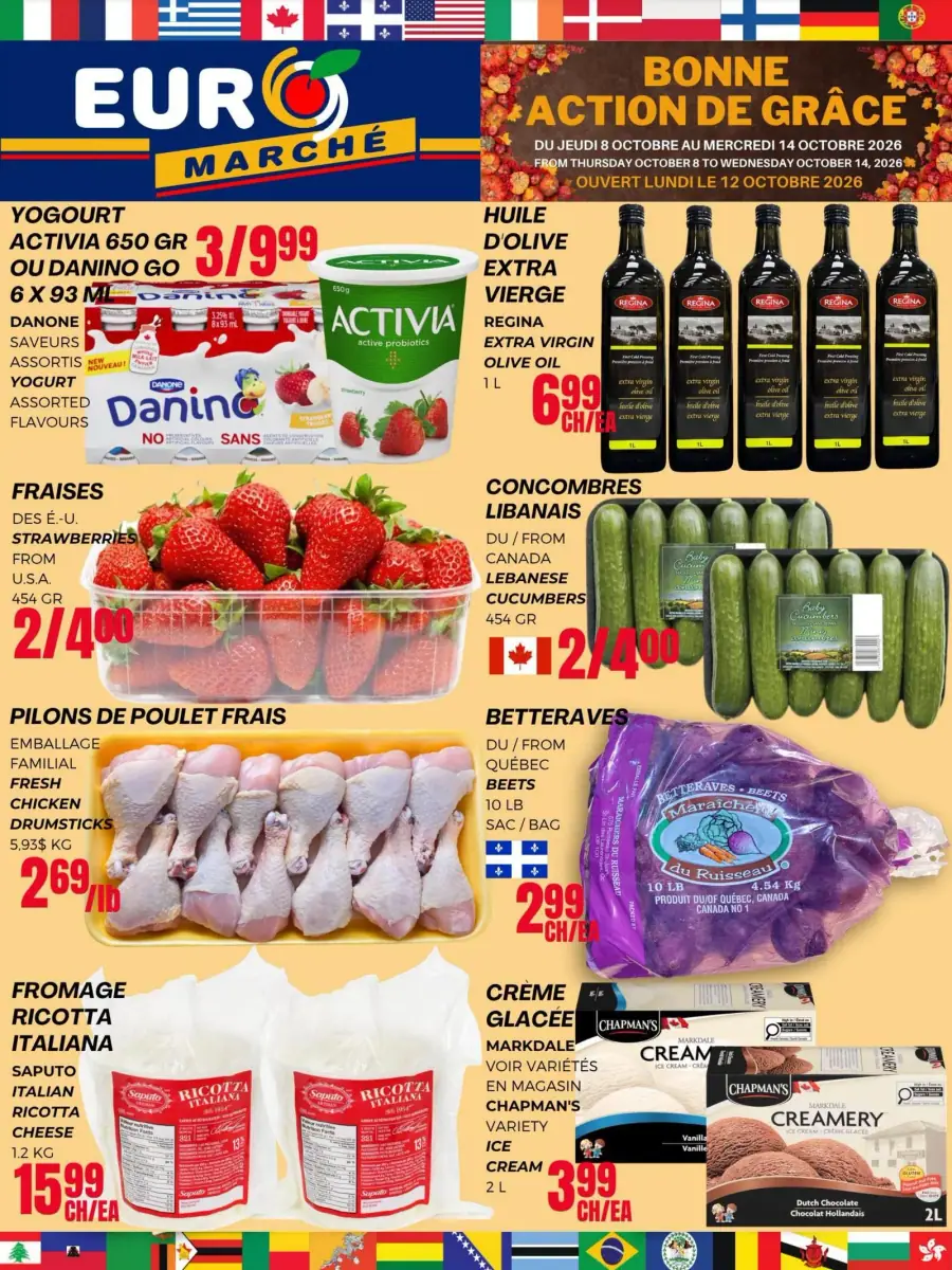 La page de couverture de la circulaire EuroMarché présente une ambiance colorée et festive, en lien avec l'Action de grâce. On y retrouve diverses catégories de produits, notamment des produits laitiers, des fruits et légumes, ainsi que de la viande. Parmi les promotions mises en avant, on note des fraises, des pilons de poulet frais, de l'huile d'olive extra vierge et de la crème glacée. Les visuels attirants et les prix affichés contribuent à l'attrait de l'offre.