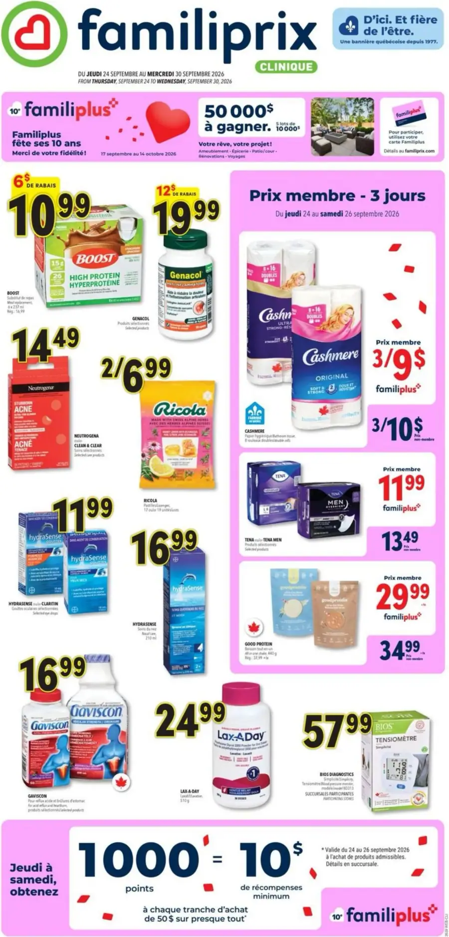 La page de couverture de la circulaire Familiprix présente une ambiance dynamique et engageante, mettant en avant des produits de santé et de bien-être. Les catégories incluent des suppléments nutritionnels, des soins de la peau et des produits d'hygiène. Parmi les promotions, on note des rabais sur des articles comme le Boost High Protein et le Genacol, ainsi qu'une offre spéciale pour les membres. Des points de fidélité sont également mis en avant, incitant à l'achat.