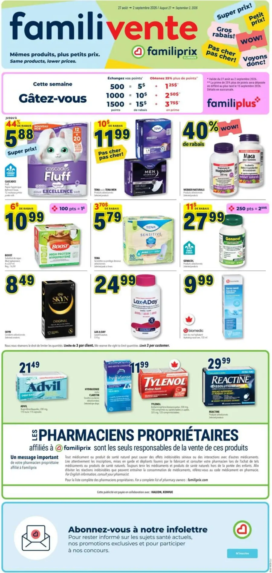 La page de couverture de la circulaire Familiprix présente une ambiance dynamique et engageante, mettant en avant des promotions sur divers produits de santé et d'hygiène. Les catégories incluent des articles de soins personnels, des médicaments en vente libre, et des suppléments nutritionnels. Parmi les offres, on note des réductions sur des marques comme Cascades et Tena, ainsi qu'une promotion de 40 % sur certains produits de bien-être. Les points de fidélité sont également mis en avant, incitant à l'échange pour des rabais supplémentaires.