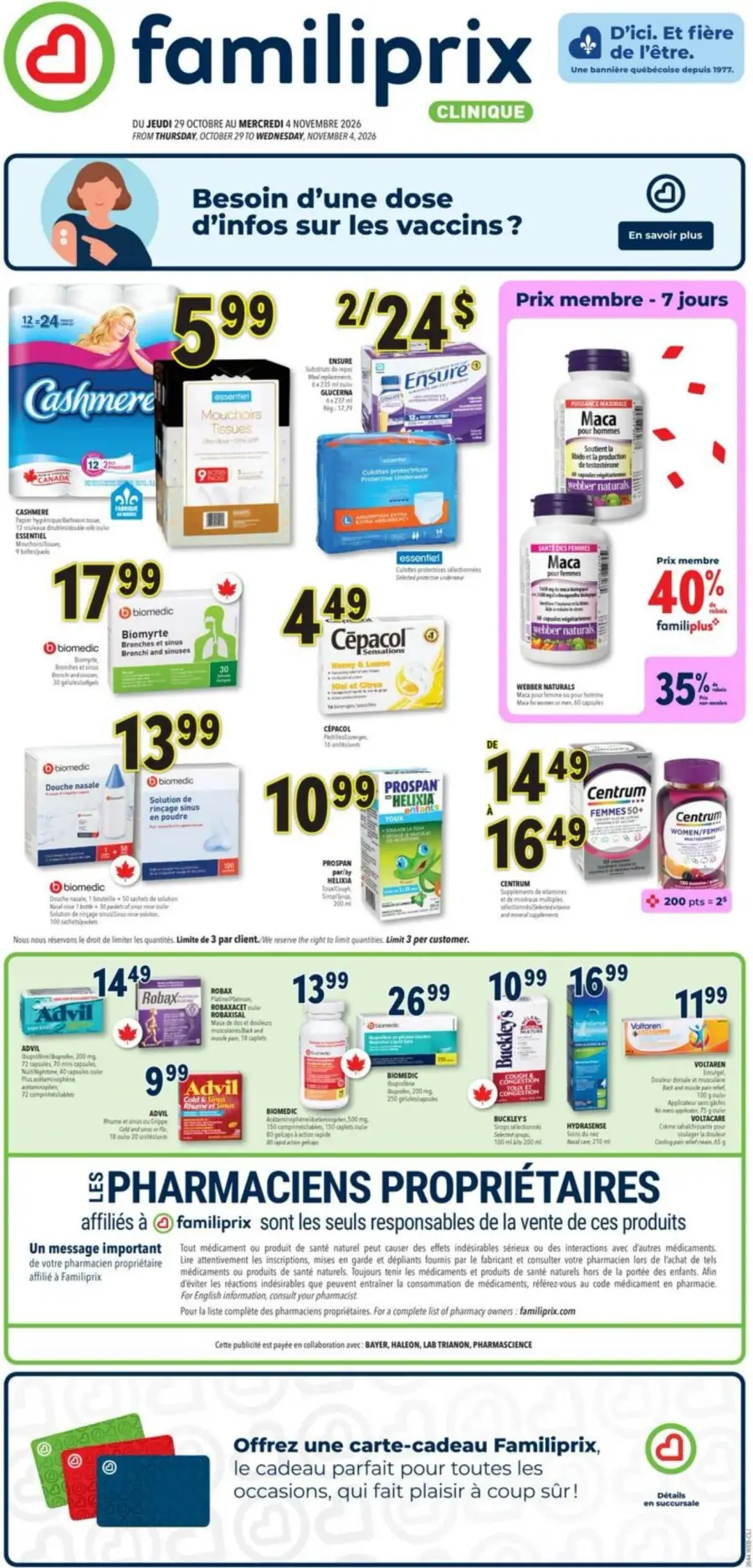 La page de couverture de la circulaire Familiprix présente une ambiance axée sur la santé et le bien-être. On y trouve des catégories de produits telles que les soins de santé, les vitamines et les produits d'hygiène. Parmi les promotions mises en avant, on note des offres sur des produits comme les mouchoirs, les suppléments diététiques, et des médicaments en vente, avec des réductions spécifiques pour les membres. Des visuels clairs et attrayants facilitent la navigation.