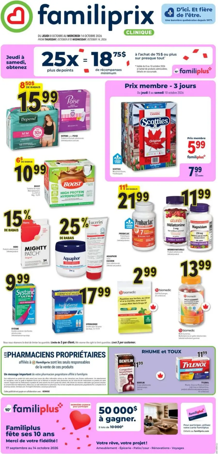 La page de couverture de la circulaire Familiprix présente une ambiance dynamique et colorée, mettant en avant divers produits de santé et de bien-être. On y trouve des catégories telles que les soins personnels, les vitamines et les médicaments. Parmi les promotions notables, des rabais sur des produits comme les couches Depend et les mouchoirs Scotties attirent l’attention. Des offres spéciales de points de fidélité et un concours pour gagner 50 000 $ sont également visibles, soulignant l'engagement envers les clients.