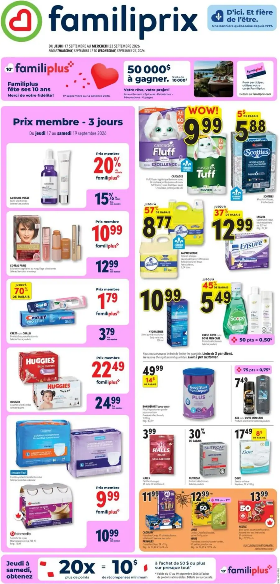 La page de couverture de la circulaire Familiprix présente une ambiance dynamique et colorée, mettant en avant des promotions attrayantes. On y trouve diverses catégories de produits, notamment des soins de beauté, des articles ménagers, et des produits pour bébés. Parmi les offres notables, on remarque des réductions sur des marques comme L’Oréal, Huggies et Dove, ainsi qu'une promotion spéciale pour les membres sur certains produits. Des jeux-concours et des points de fidélité sont également mis en avant, renforçant l'aspect engageant de la circulaire.