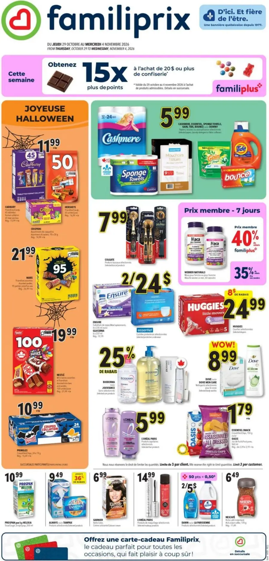 La page de couverture de la circulaire Familiprix présente une ambiance festive avec un thème Halloween. On y retrouve des catégories variées comme les confiseries, les articles ménagers, et les produits de soins personnels. Des promotions notables incluent des offres sur les bonbons Cadbury et Mars, ainsi que des réductions sur des produits de marque comme Cashmere et Huggies. Des points de fidélité sont également mis en avant pour les achats de confiseries.