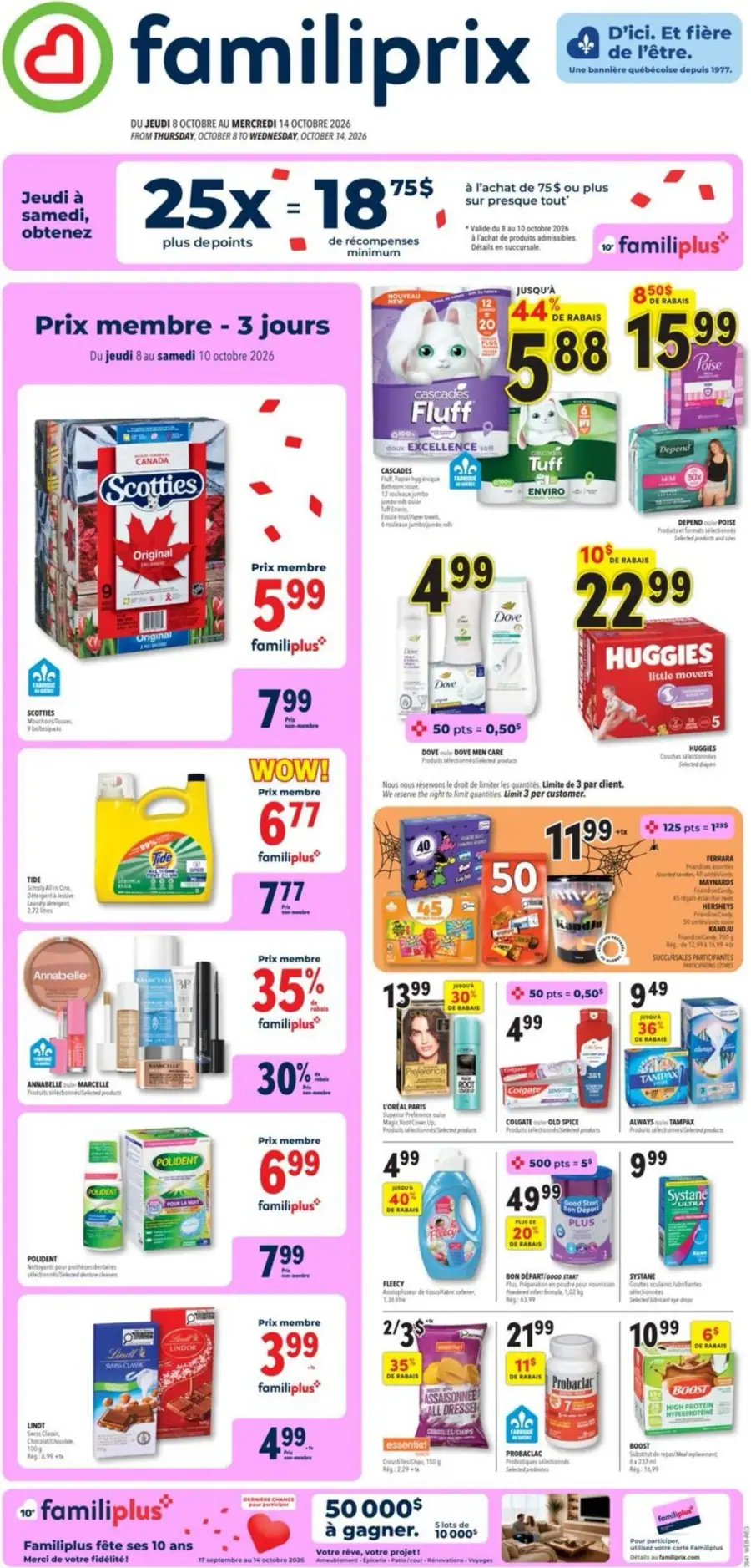 La page de couverture de la circulaire Familiprix présente une ambiance dynamique et colorée, mettant en avant divers produits essentiels. On y trouve des catégories telles que les soins personnels, les produits ménagers et les articles pour bébés. Parmi les promotions notables, on remarque des réductions sur les mouchoirs Scotties, les couches Huggies et les produits Dove, ainsi qu'une offre de points de récompense pour les achats de 75 $ et plus.