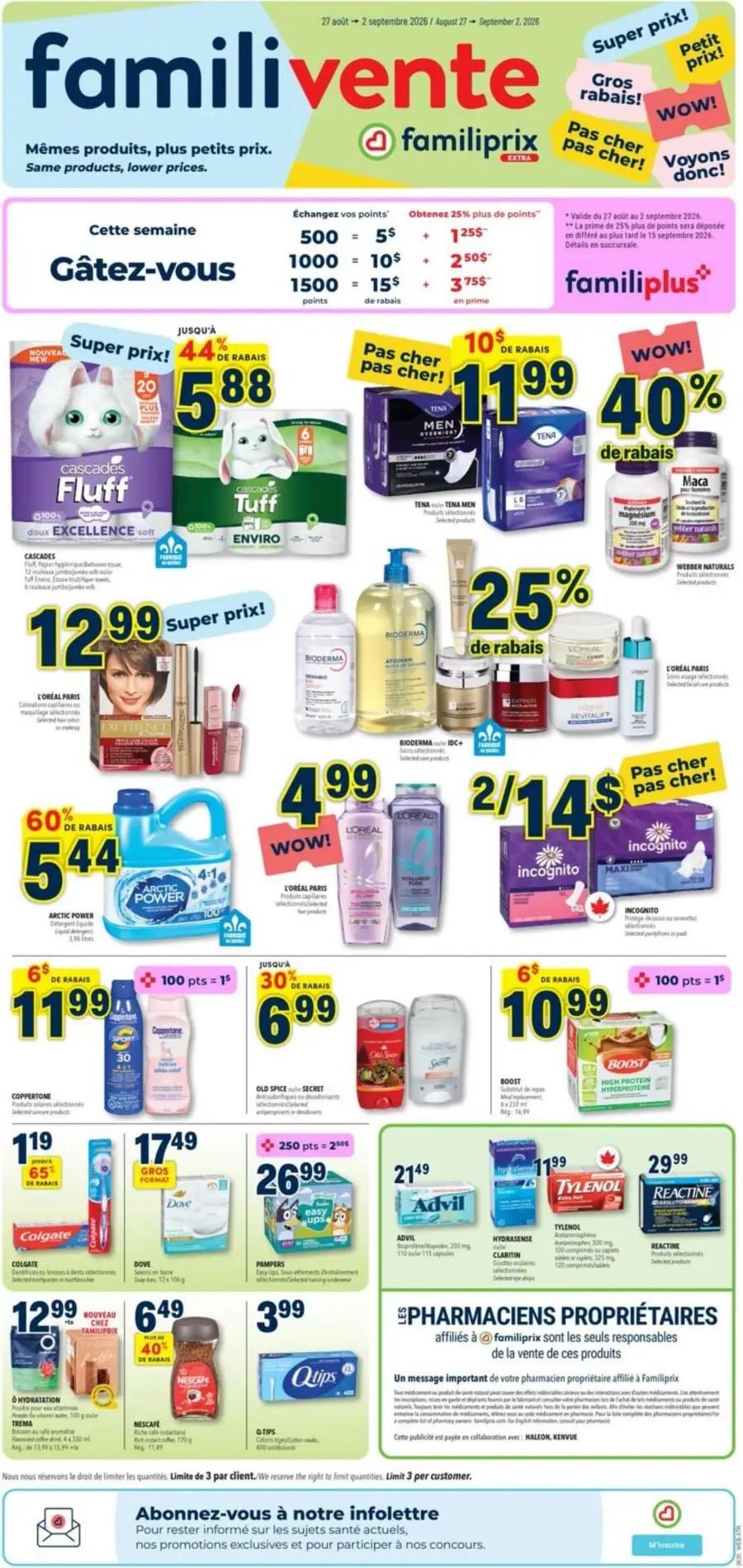 La page de couverture de la circulaire Familiprix Extra présente une ambiance dynamique et colorée, mettant en avant une variété de produits de soins personnels, d'hygiène et de santé. On y trouve des promotions significatives, comme des réductions allant jusqu'à 60 % sur des articles tels que le détergent Arctic Power et des offres spéciales sur des marques comme L'Oréal et Bioderma. Les catégories de produits incluent des soins pour la peau, des produits ménagers, et des vitamines, attirant l'attention avec des étiquettes de rabais bien visibles.