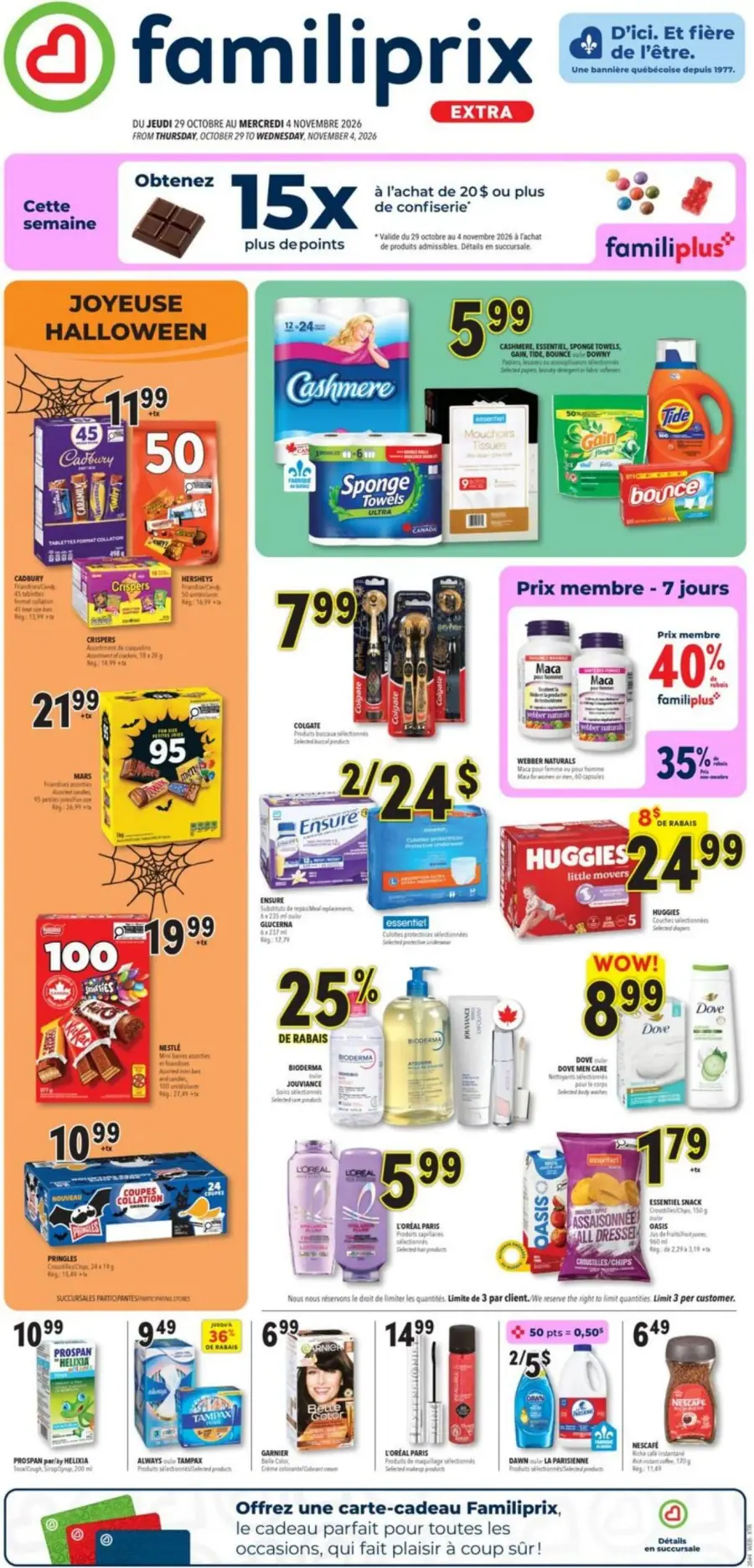 La page de couverture de la circulaire Familiprix Extra présente une ambiance festive pour Halloween, avec des promotions sur des bonbons et des collations. Les catégories de produits mises en avant incluent les articles d'hygiène, les produits ménagers et les soins personnels. On y trouve des offres comme les serviettes Cashmere à 5,99 $ et des réductions sur des marques comme Huggies et Colgate. Des points de fidélité sont également mis en avant pour les achats de confiseries.