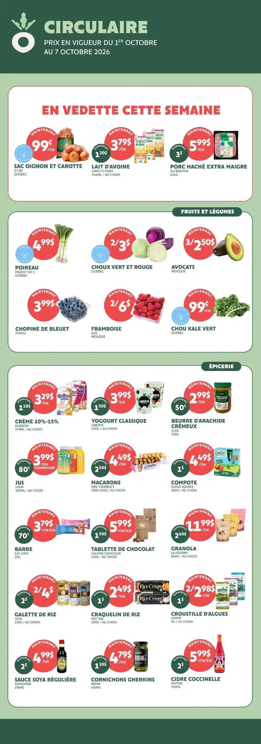 La page de couverture de la circulaire Fraîchement Bon présente une ambiance fraîche et colorée, mettant en avant des produits alimentaires variés. Les catégories incluent des fruits et légumes, ainsi que des produits d'épicerie. Parmi les promotions notables, on trouve des sacs d'oignons et de carottes à 0,99 $, des avocats à 3 pour 2,50 $, et du porc haché extra maigre à 5,99 $. Les produits sont bien organisés, facilitant la navigation pour les clients.
