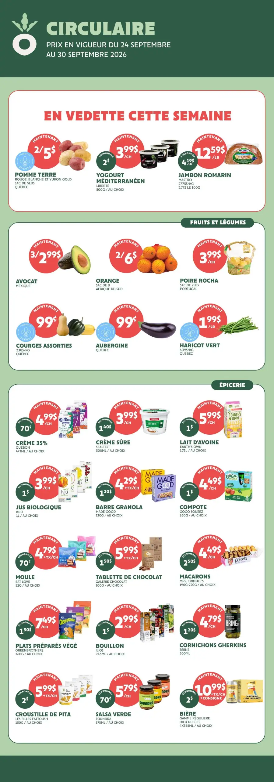 La page de couverture de la circulaire "Fraîchement Bon" présente une ambiance dynamique et colorée, mettant en avant des produits frais et variés. Les catégories incluent des fruits et légumes, avec des promotions sur des articles comme les avocats et les oranges. On note également des offres sur des produits d'épicerie, tels que des crèmes et des barres granola. Les prix sont clairement affichés, attirant l'attention sur les bonnes affaires de la semaine.