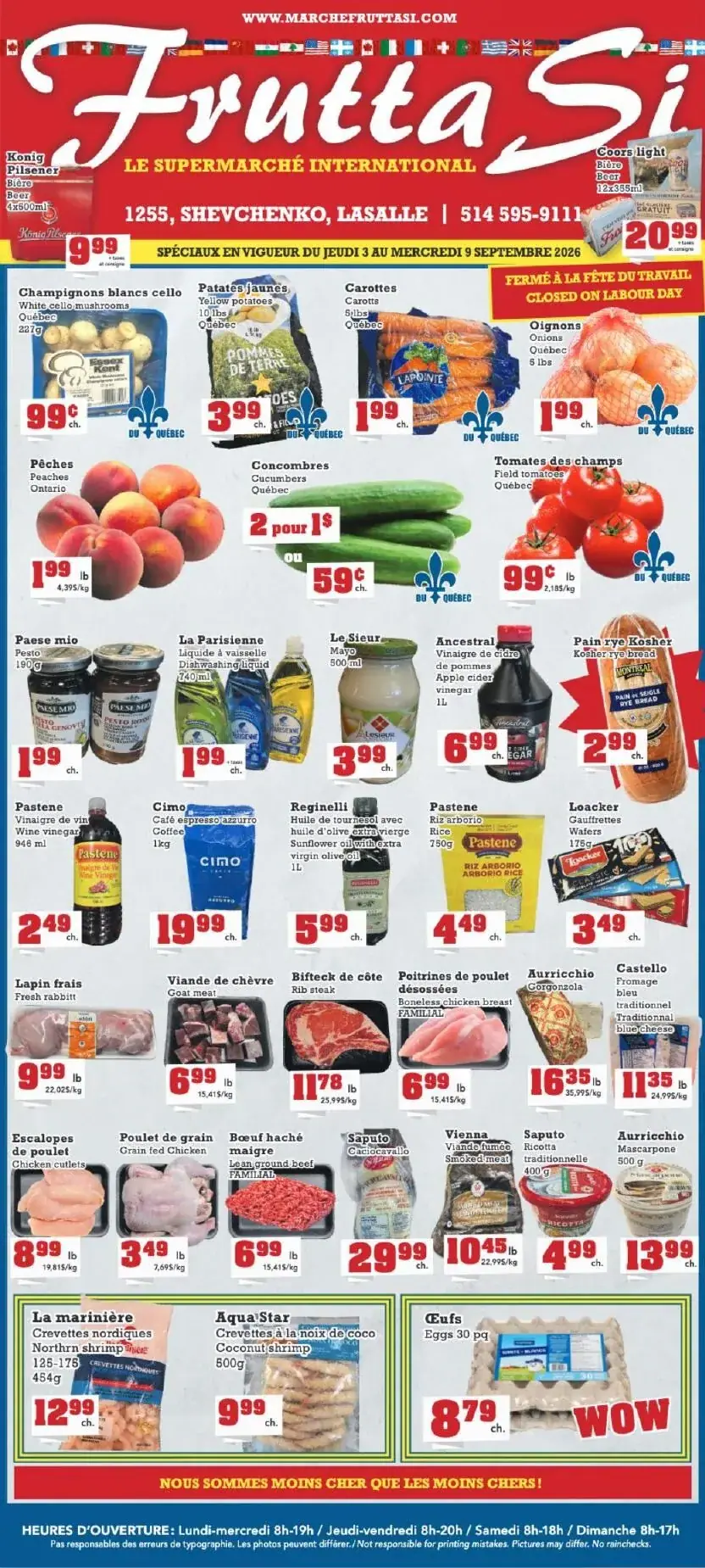 La page de couverture de la circulaire Frutta Si présente une ambiance dynamique et colorée, mettant en avant une variété de produits frais et d'épicerie. On y trouve des fruits et légumes tels que des pêches, des concombres et des tomates, ainsi que des viandes et des produits laitiers. Les promotions incluent des prix attractifs sur les légumes du Québec et des produits importés, comme le pesto et le café. Des offres spéciales sont également mises en avant, attirant l'attention sur des produits essentiels du quotidien.