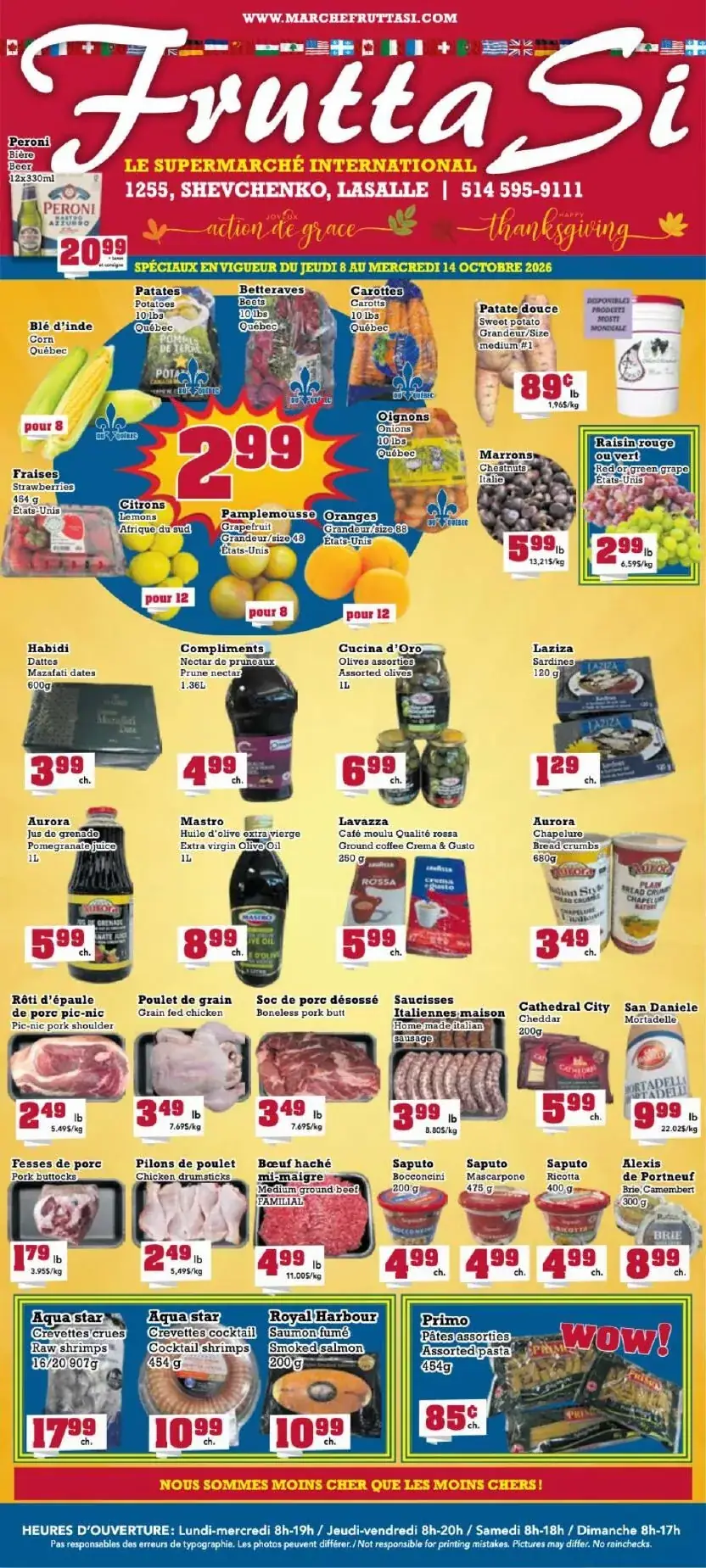 La couverture de la circulaire Frutta Si présente une ambiance festive pour l'action de grâce, avec des couleurs vives et des images attrayantes de produits frais. Les catégories mises en avant incluent les fruits et légumes, les viandes, et les produits laitiers. Parmi les promotions, on trouve des pommes de terre, des fraises et divers types de viandes à prix réduits. Les offres sont clairement visibles et incitent à la découverte de produits variés.