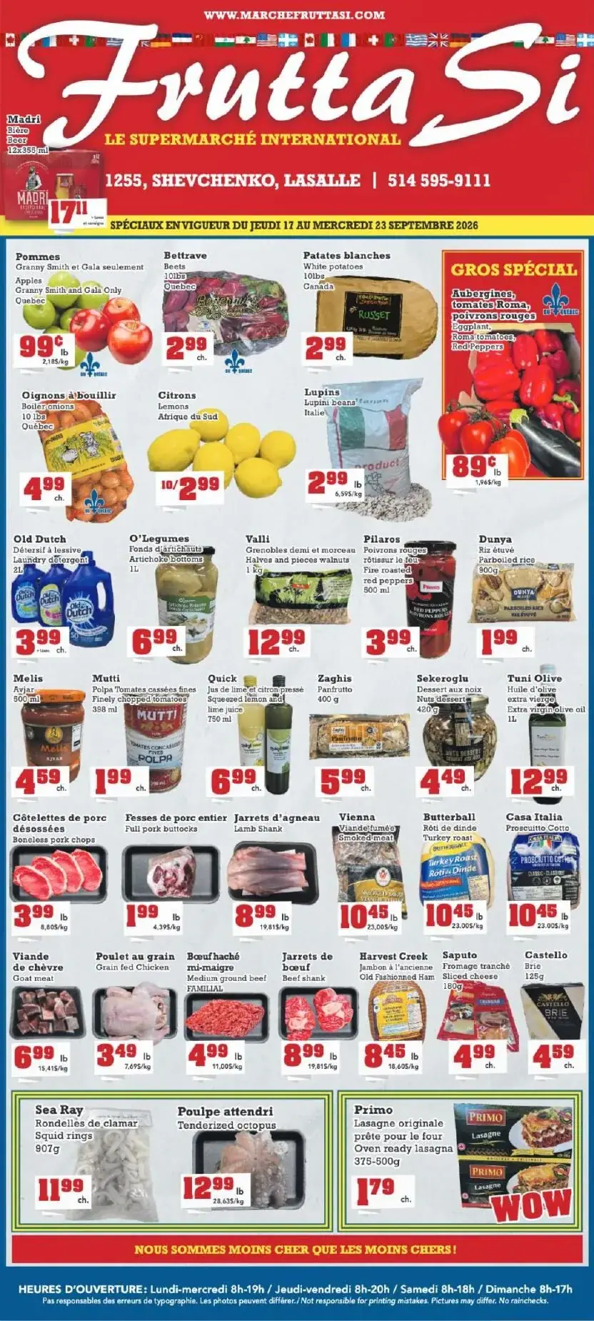 La page de couverture de la circulaire Frutta Si présente une ambiance colorée et accueillante, mettant en avant une variété de produits frais et internationaux. Les catégories incluent des fruits et légumes, des produits laitiers, de la viande et des plats préparés. On y trouve des pommes, des aubergines, des jarrets d'agneau, et des pâtes. Les promotions importantes soulignent des prix attractifs sur des articles comme les tomates Roma et les poivrons rouges.