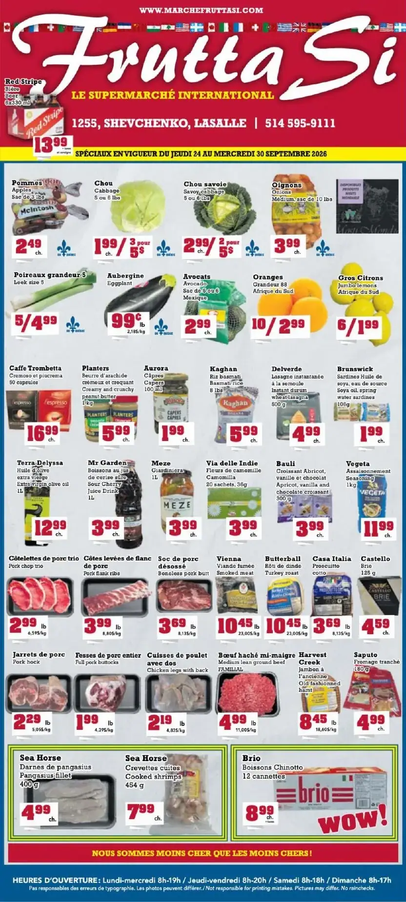 La page de couverture de la circulaire Frutta Si présente une ambiance colorée et dynamique, mettant en avant une variété de produits frais et de spécialités internationales. Les catégories incluent des fruits et légumes, des viandes, des produits laitiers, et des conserves. Parmi les promotions notables, on trouve des pommes, des avocats, et des côtes de porc, attirant l’attention sur des offres intéressantes pour la semaine.