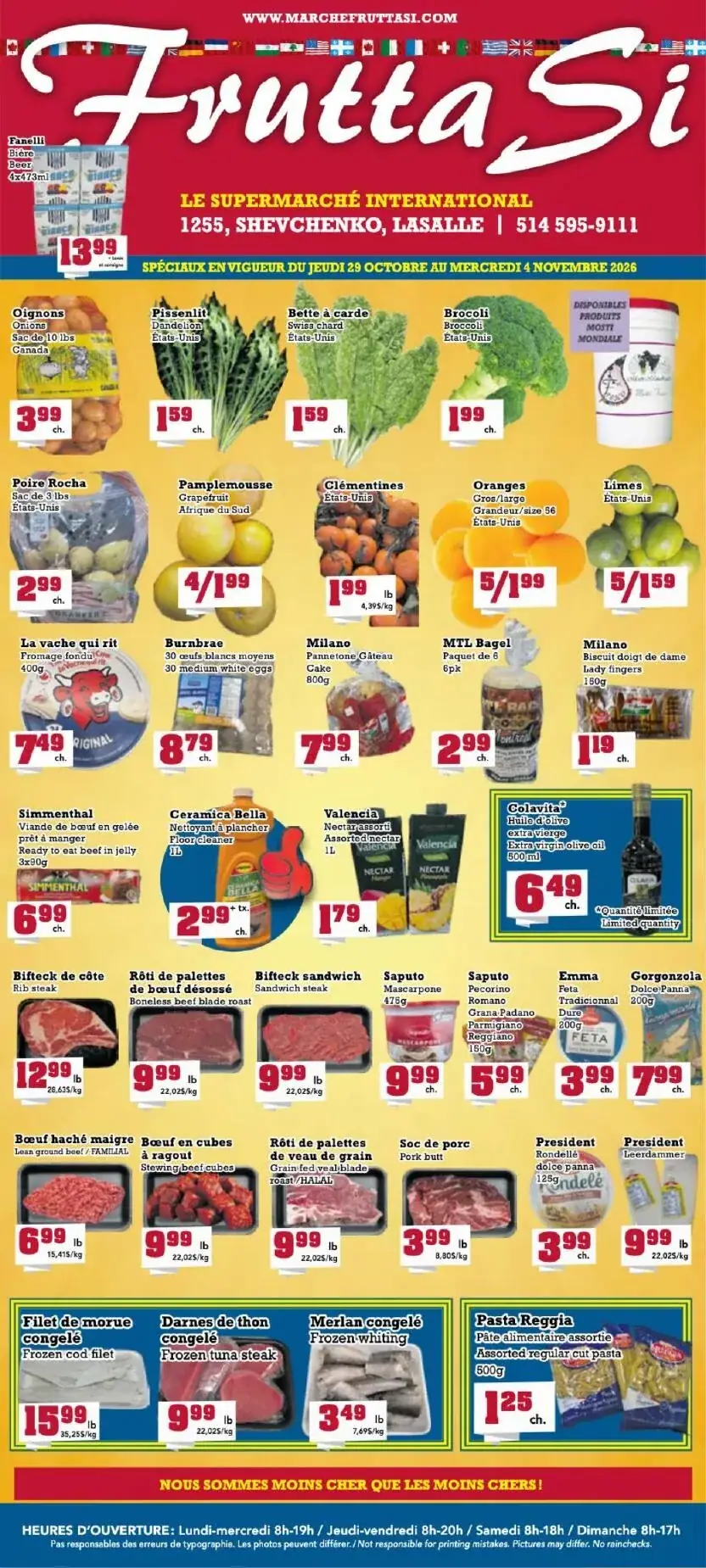 La page de couverture de la circulaire Frutta Si présente une ambiance colorée et accueillante, mettant en avant une variété de produits alimentaires. On y trouve des fruits et légumes frais comme des oignons, des clémentines et des oranges, ainsi que des viandes, des produits laitiers et des articles d'épicerie. Les promotions notables incluent des prix attractifs sur des produits comme le bœuf haché et des pâtes assorties. L'ensemble évoque un supermarché international riche en choix.
