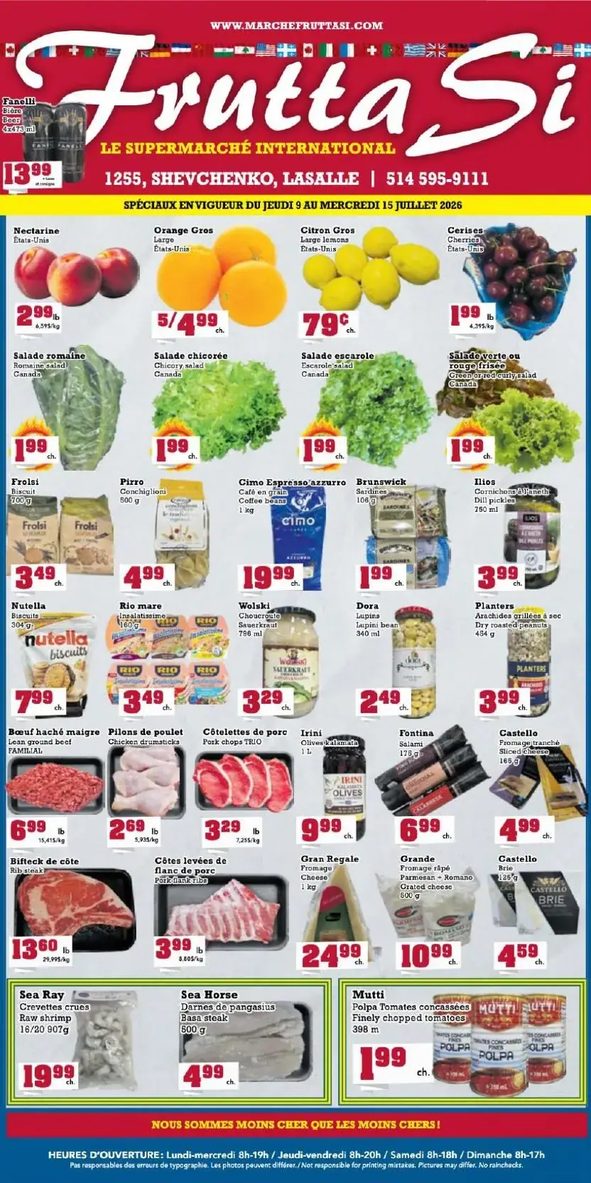 La page de couverture de la circulaire Frutta Si présente une ambiance dynamique et colorée, mettant en avant une variété de produits frais et de qualité. Les catégories incluent des fruits tels que des nectarines, oranges et cerises, ainsi que des légumes comme des salades romaines et escaroles. On y trouve également des produits d'épicerie comme des biscuits Nutella et des sardines. Les promotions importantes sont visibles, notamment sur les fruits à des prix attractifs, et des offres sur des viandes et produits laitiers.