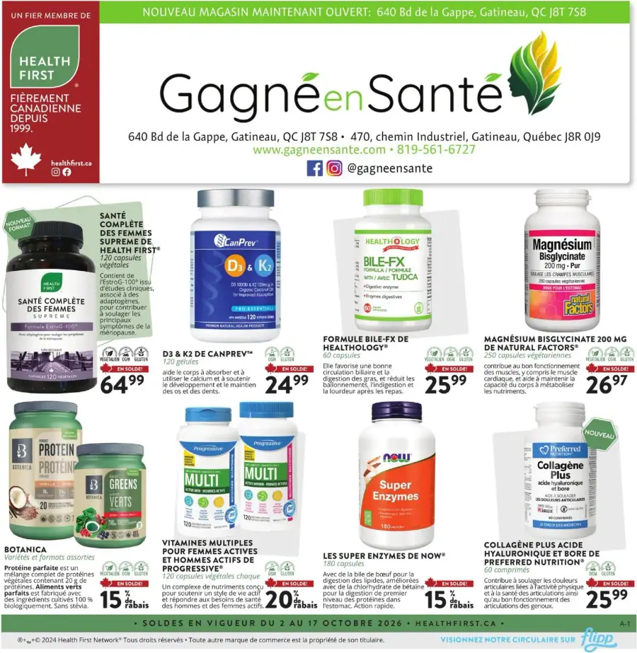 La page de couverture de la circulaire Gagné en Santé présente une ambiance axée sur le bien-être et la santé naturelle. On y retrouve des catégories de produits comme les suppléments vitaminiques, les enzymes digestives et les minéraux. Parmi les promotions, on note des articles en solde tels que le D3 & K2 de CanPrev et le Magnésium bisglycinate de Natural Factors, mettant en avant des prix réduits et des descriptions de bienfaits santé.