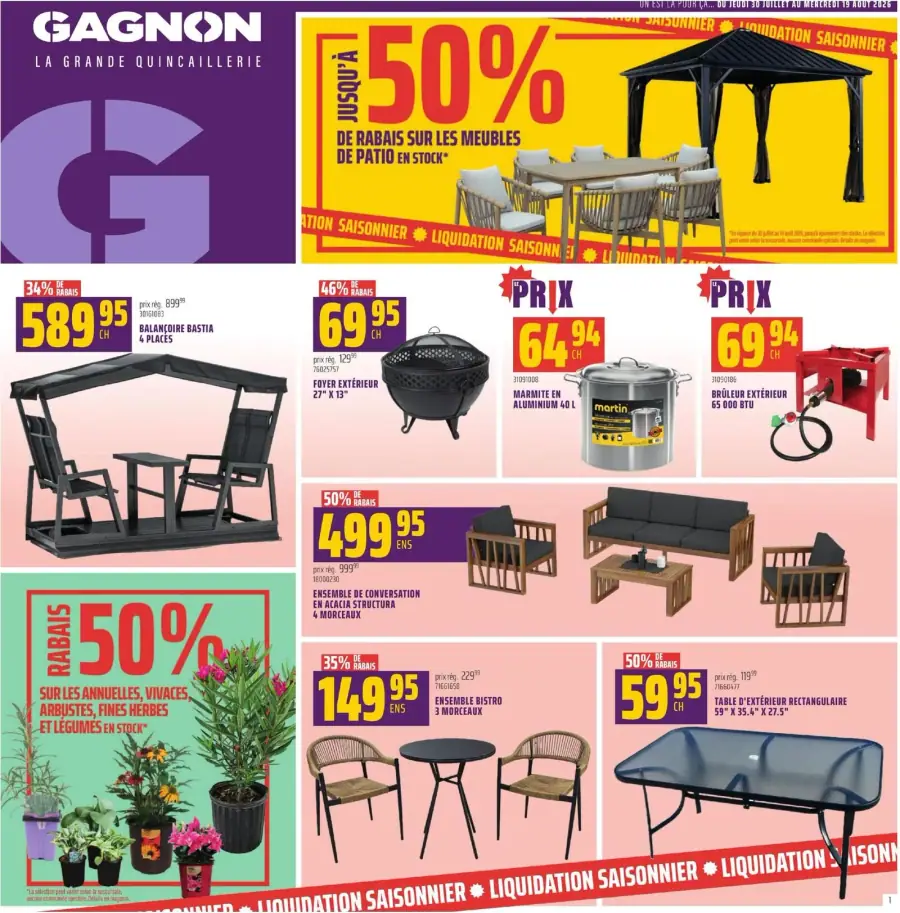 La page de couverture de la circulaire Gagnon présente une ambiance estivale, mettant en avant des meubles de patio et des articles de jardinage. On y trouve des promotions allant jusqu'à 50 % de rabais sur divers produits, tels qu'un balancier pour quatre personnes, un foyer extérieur, et des ensembles de conversation. Des plantes annuelles et vivaces sont également mises en avant, soulignant l'importance de la saison de jardinage.