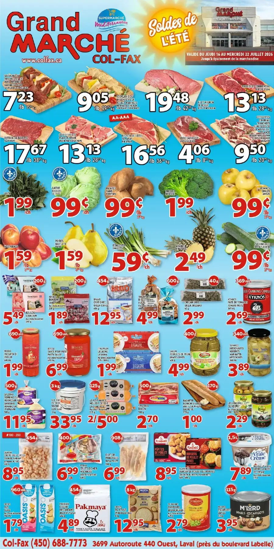 La page de couverture de la circulaire du Grand Marché Col-Fax présente une ambiance estivale, avec un fond bleu vif et des images de produits frais. Les catégories mises en avant incluent les viandes, les fruits, les légumes et des produits laitiers. Parmi les promotions notables, on trouve des souvlakis, des biftecks, des pommes, et des brocolis à des prix attractifs. Les offres sont clairement affichées, attirant l’attention sur les économies à réaliser.
