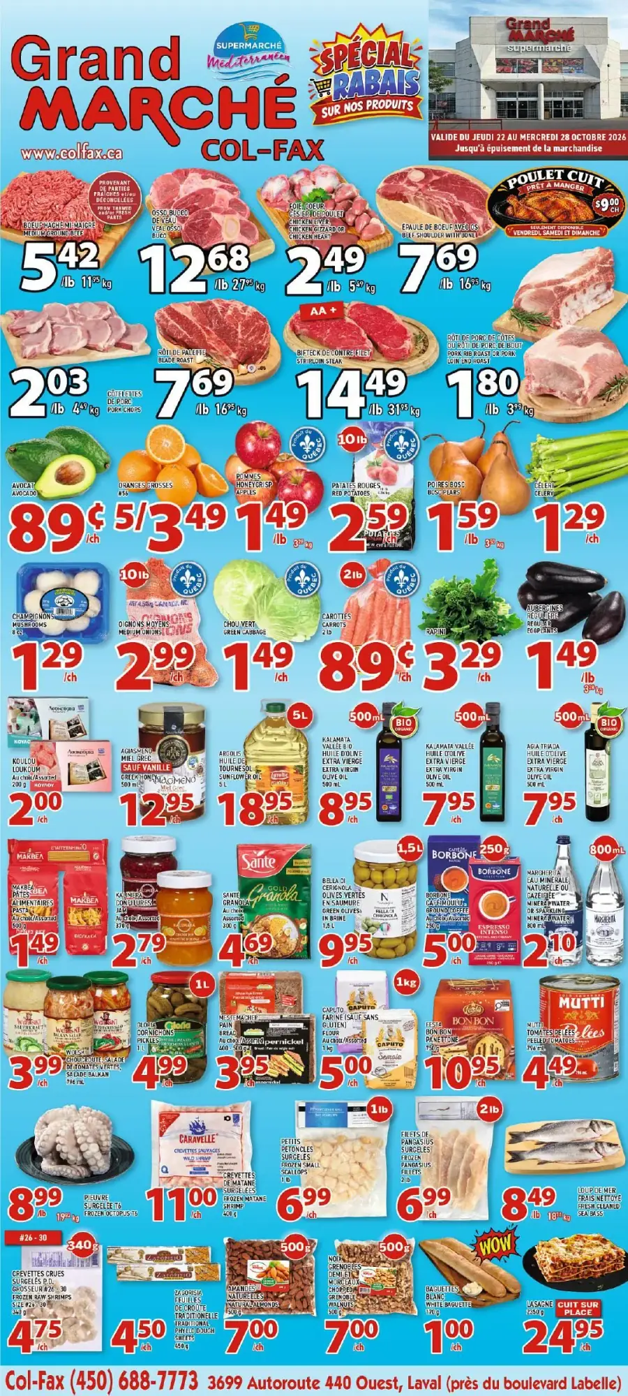 La page de couverture de la circulaire du Grand Marché Col-Fax présente une ambiance colorée et dynamique, mettant en avant une variété de produits alimentaires. On y trouve des viandes comme le poulet cuit et le rôti de porc, ainsi que des fruits et légumes frais tels que des avocats et des pommes. Les promotions sont clairement affichées, avec des rabais sur des articles comme l'huile d'olive et les pâtes. Les sections sont bien délimitées, facilitant la navigation pour les clients.