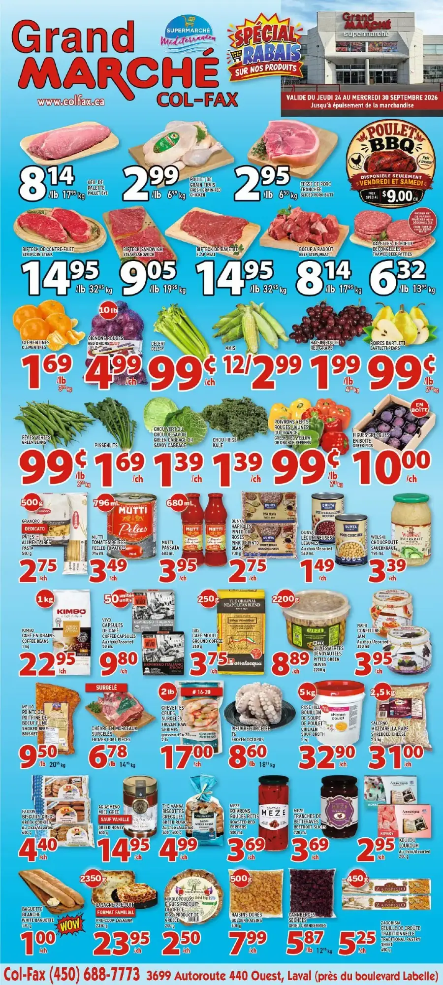 La page de couverture de la circulaire du Grand Marché Col-Fax présente une ambiance colorée et dynamique, mettant en avant des produits frais et variés. Les catégories incluent la viande, les fruits et légumes, ainsi que des produits en conserve et surgelés. Parmi les promotions notables, on trouve des offres sur le poulet, les steaks et les légumes frais, soulignant des prix attractifs et des rabais spéciaux.