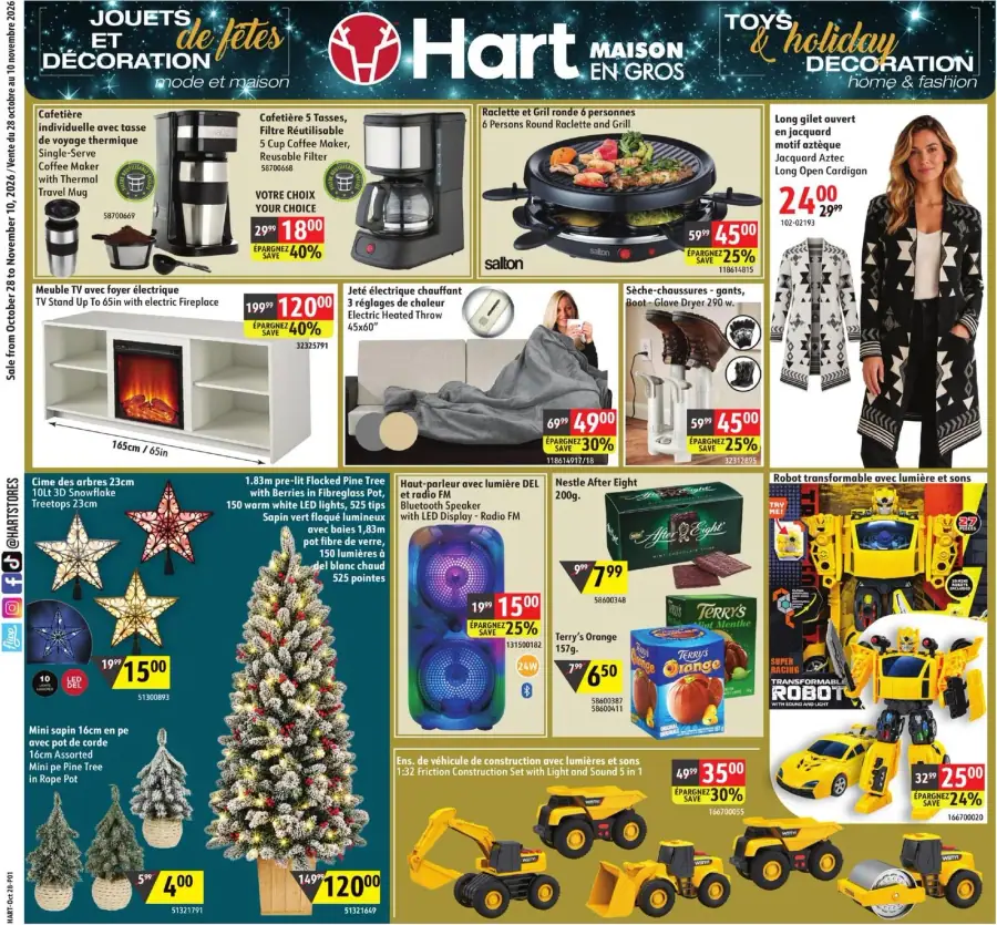 La page de couverture de la circulaire Hart présente une ambiance festive et chaleureuse, idéale pour la saison des fêtes. On y retrouve des catégories variées, notamment des jouets, des articles de décoration et des produits pour la maison. Parmi les promotions, on note une raclette pour six personnes, un jeté électrique, et des sapins de Noël décoratifs. Des exemples incluent un haut-parleur Bluetooth et des douceurs comme les chocolats After Eight, mettant en avant des réductions attrayantes.