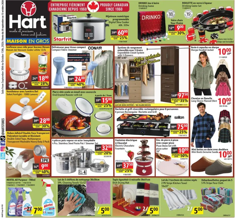 La page de couverture de la circulaire Hart présente une ambiance dynamique et accueillante, mettant en avant divers produits pour la maison et la mode. Les catégories incluent des appareils de cuisine, des articles de nettoyage, des vêtements et des accessoires. Parmi les promotions notables, on trouve un cuiseur lent numérique à 60 $ (économie de 25 %), une raclette pour 8 personnes à 75 $ (économie de 25 %), et des vêtements comme une veste à capuche à 10 $.
