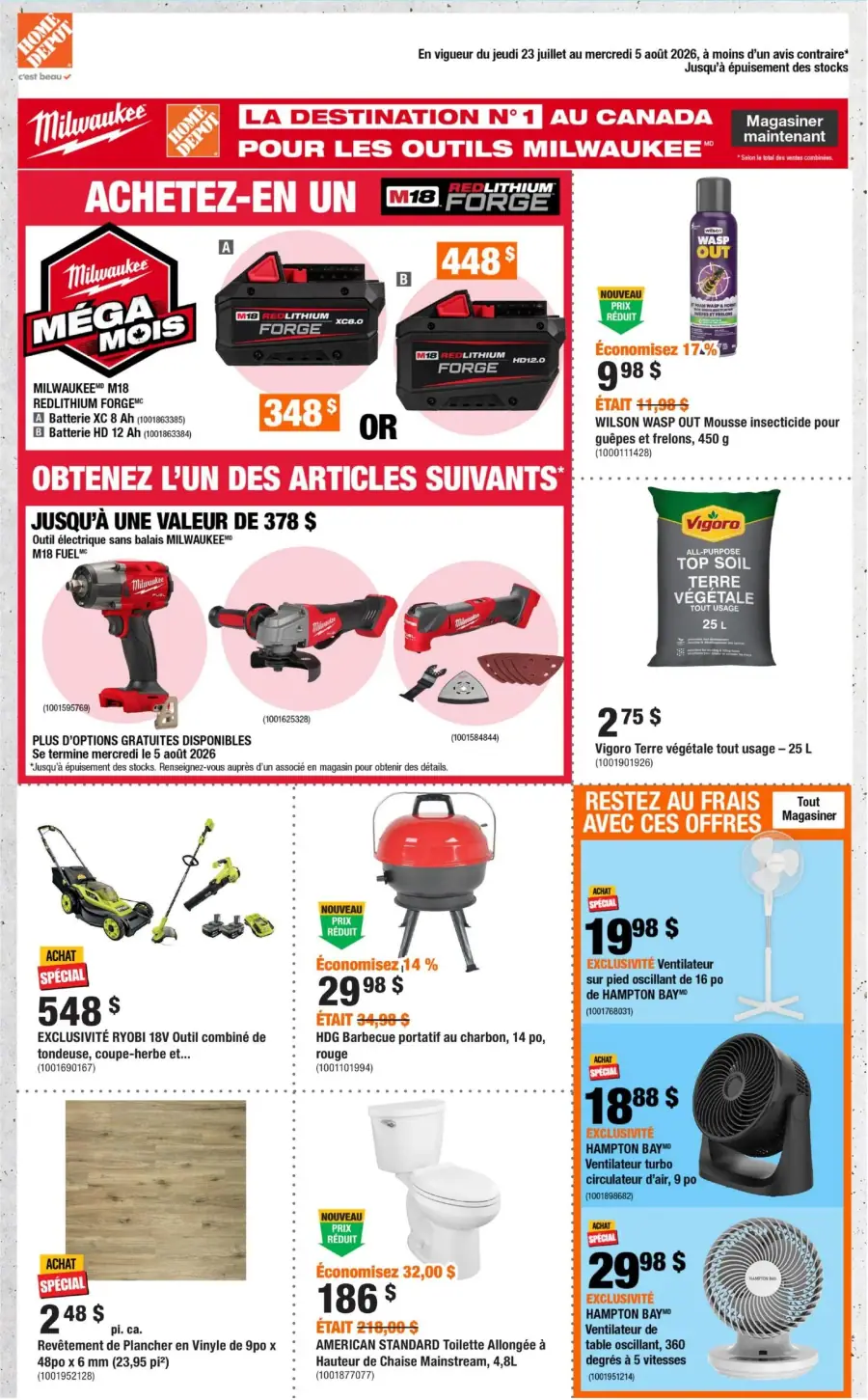 La page de couverture de la circulaire Home Depot présente une ambiance dynamique et colorée, mettant en avant des outils et équipements de jardinage. Les catégories de produits incluent des outils électriques Milwaukee, des barbecues, des ventilateurs et des matériaux de construction. Parmi les promotions, on trouve des offres spéciales sur des outils, comme une tondeuse Ryobi et une toilette American Standard, ainsi que des réductions sur des produits comme la mousse insecticide Wilson et de la terre végétale Vigoro.